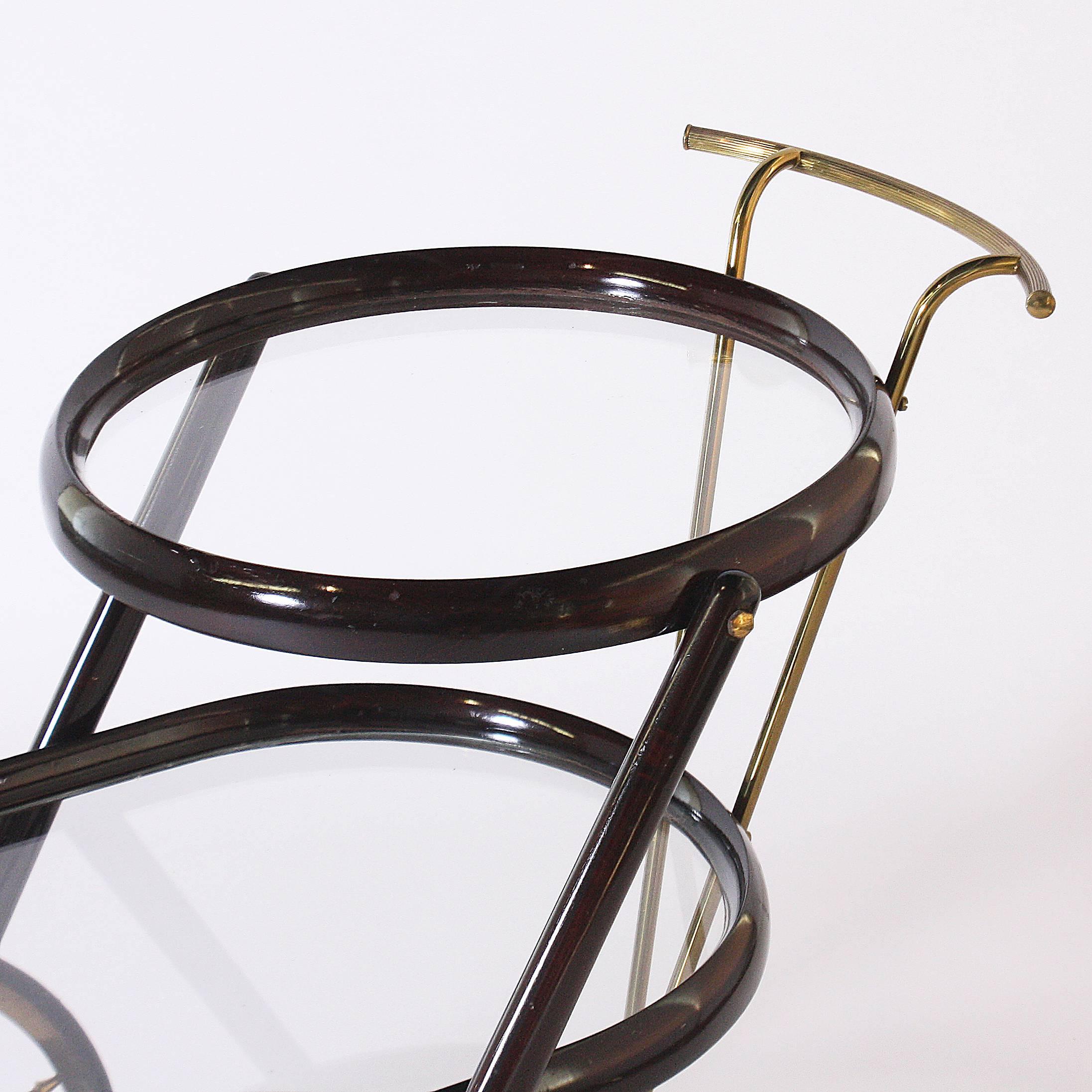 Mid-20th Century Italian Wood and Brass Bar Cart in the Style of Cesare Locca, circa 1950