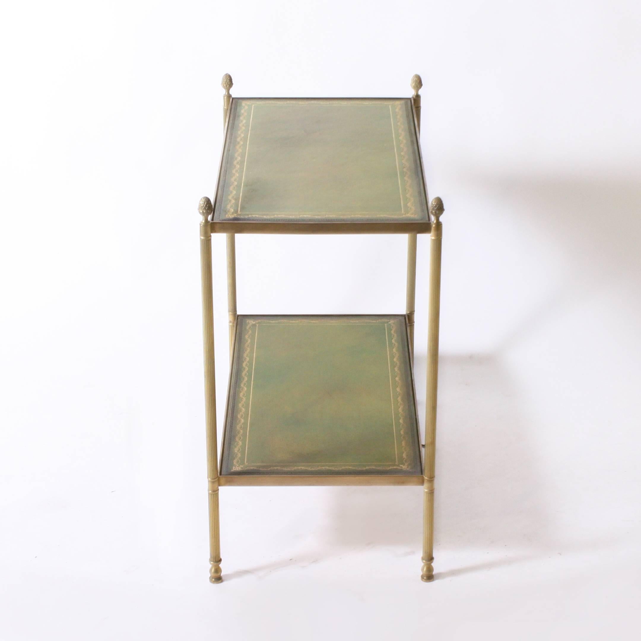 Pair of Side Tables with Green Leather Tops in the Style of Jansen, circa 1940 In Excellent Condition In Dallas, TX
