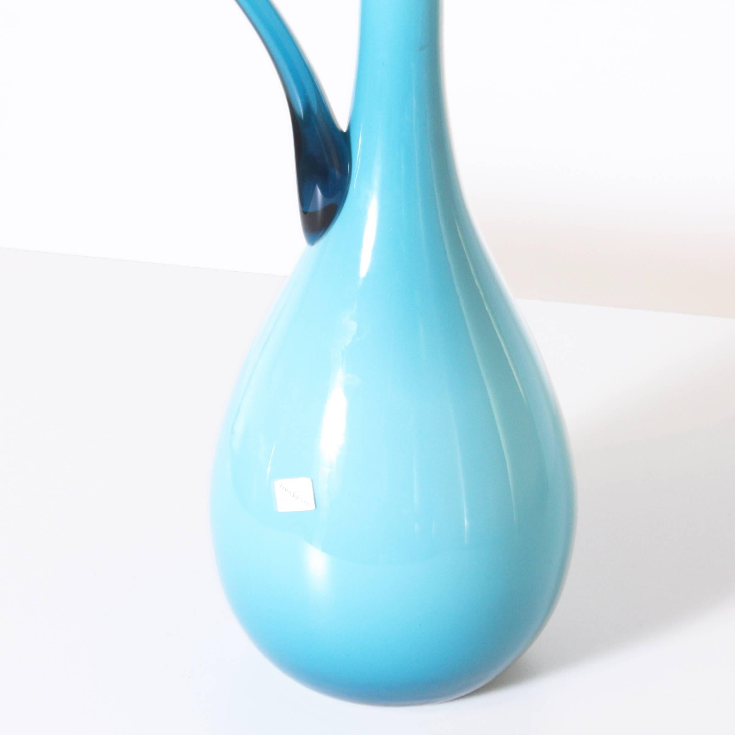Turquoise Murano opaline White Cased Glass Pitcher, circa 1940 In Excellent Condition In Dallas, TX