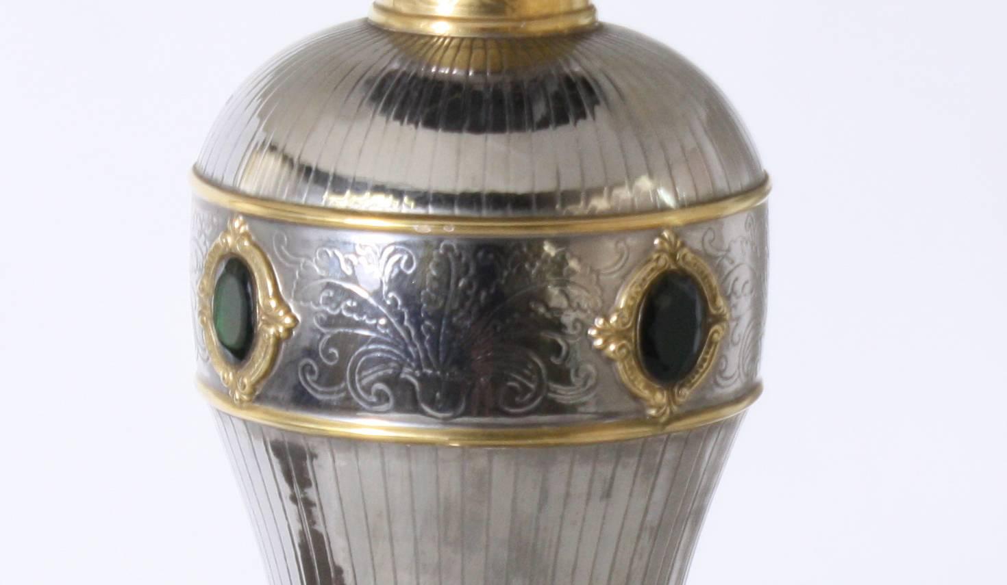 Monumental Silver and Brass Marbro Lamp with Faux Emerald Detail, circa 1950 In Excellent Condition In Dallas, TX