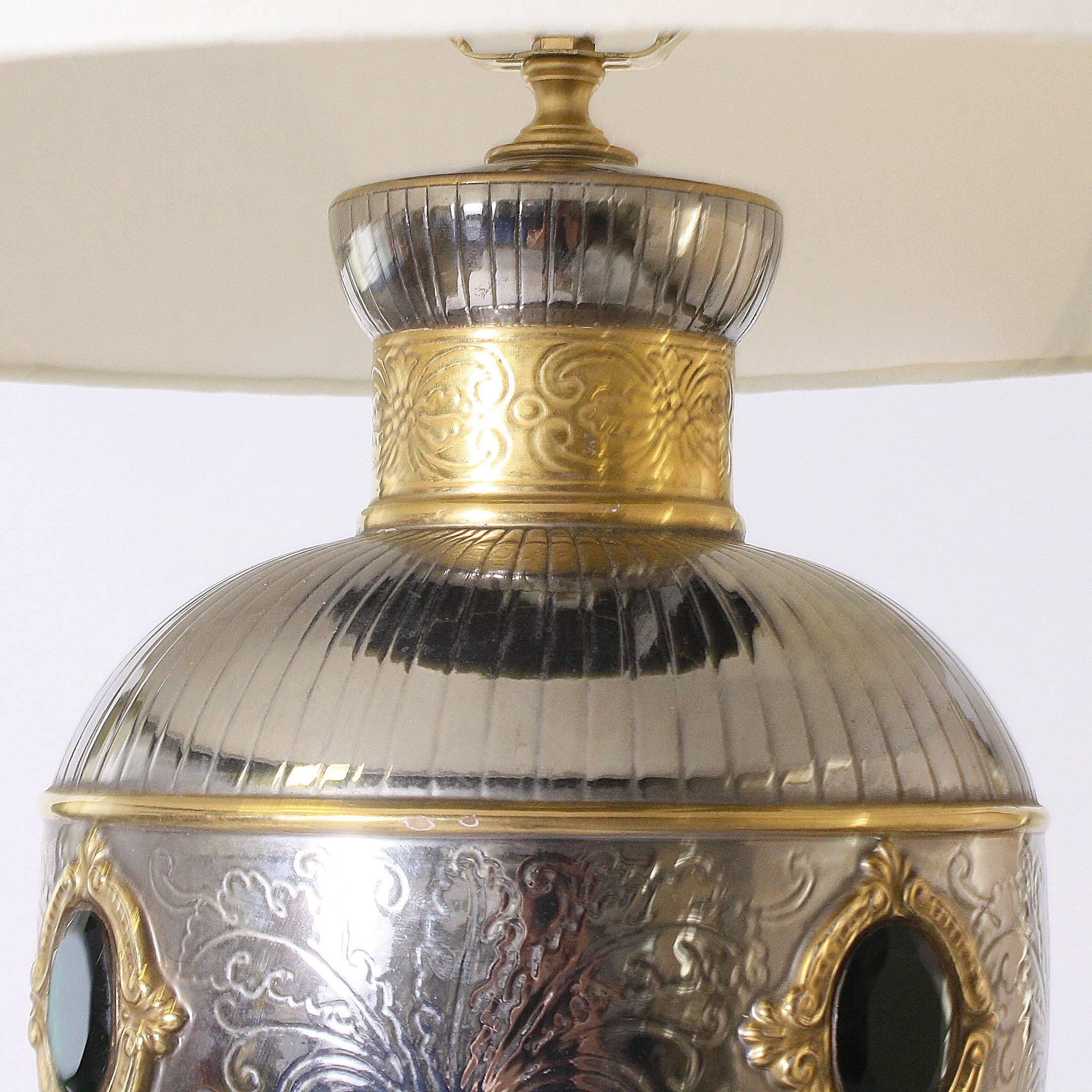 Monumental Silver and Brass Marbro Lamp with Faux Emerald Detail, circa 1950 1