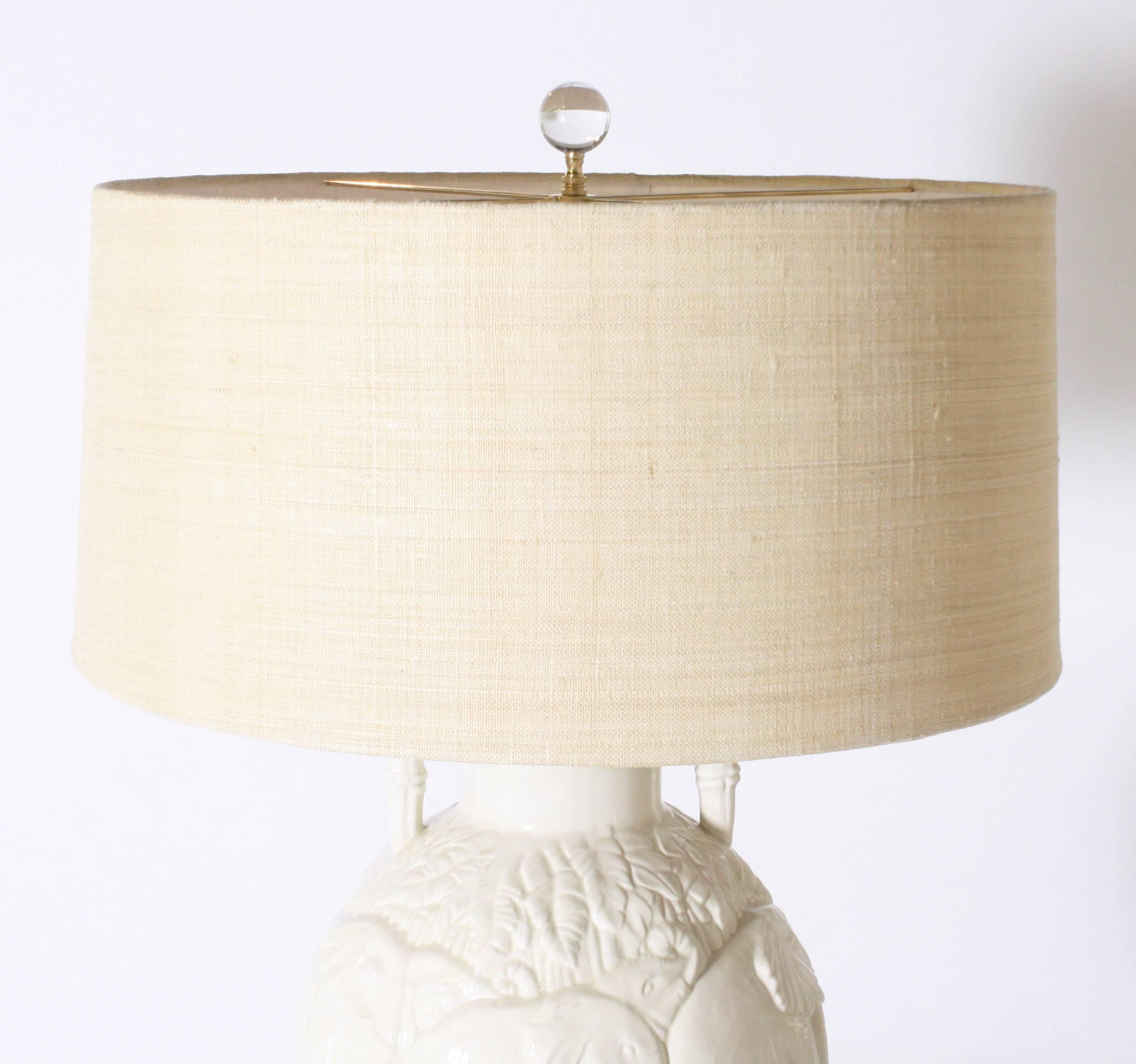 White Ceramic Faux Bamboo Ginger Jar Lamp, circa 1960 In Excellent Condition In Dallas, TX