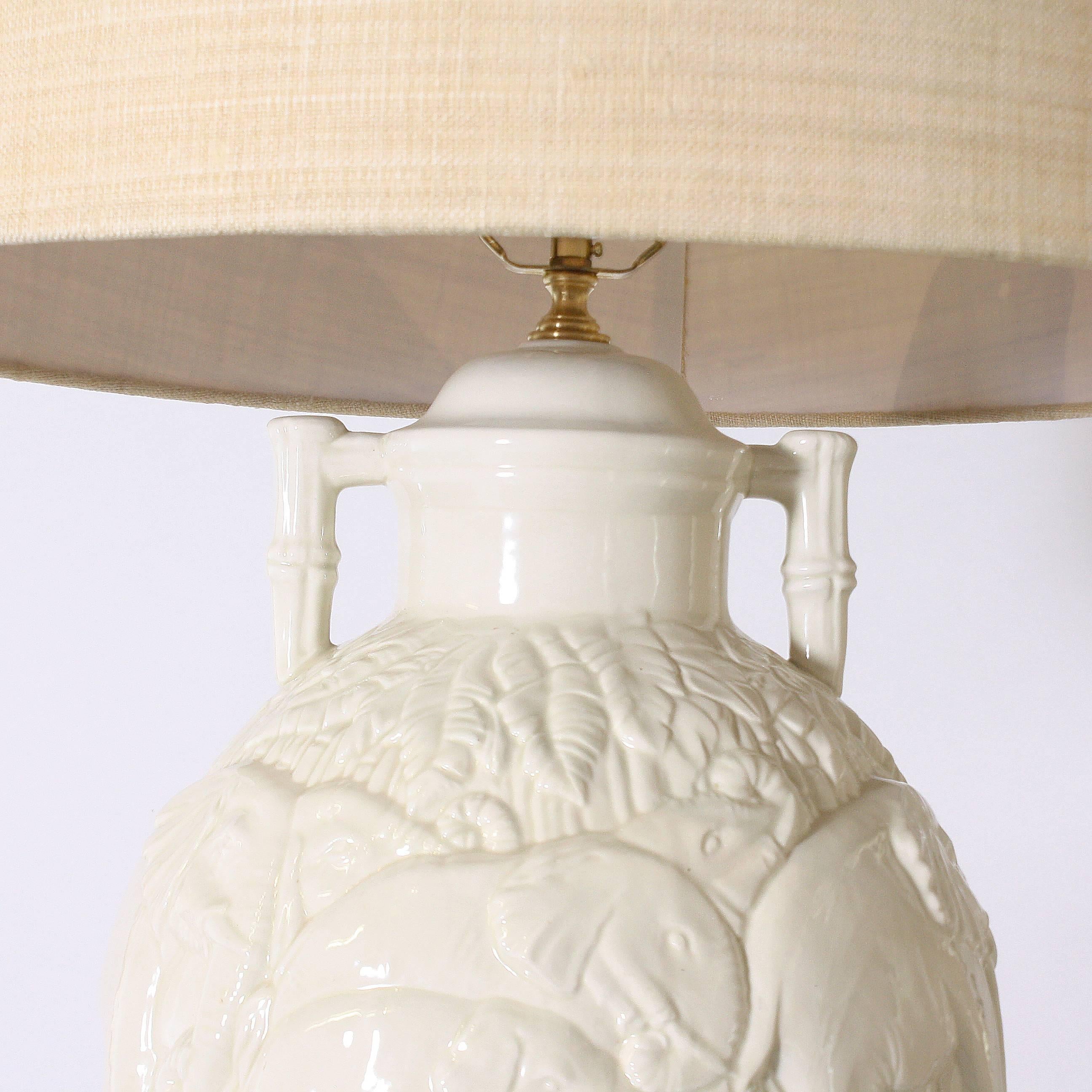 White Ceramic Faux Bamboo Ginger Jar Lamp, circa 1960 1