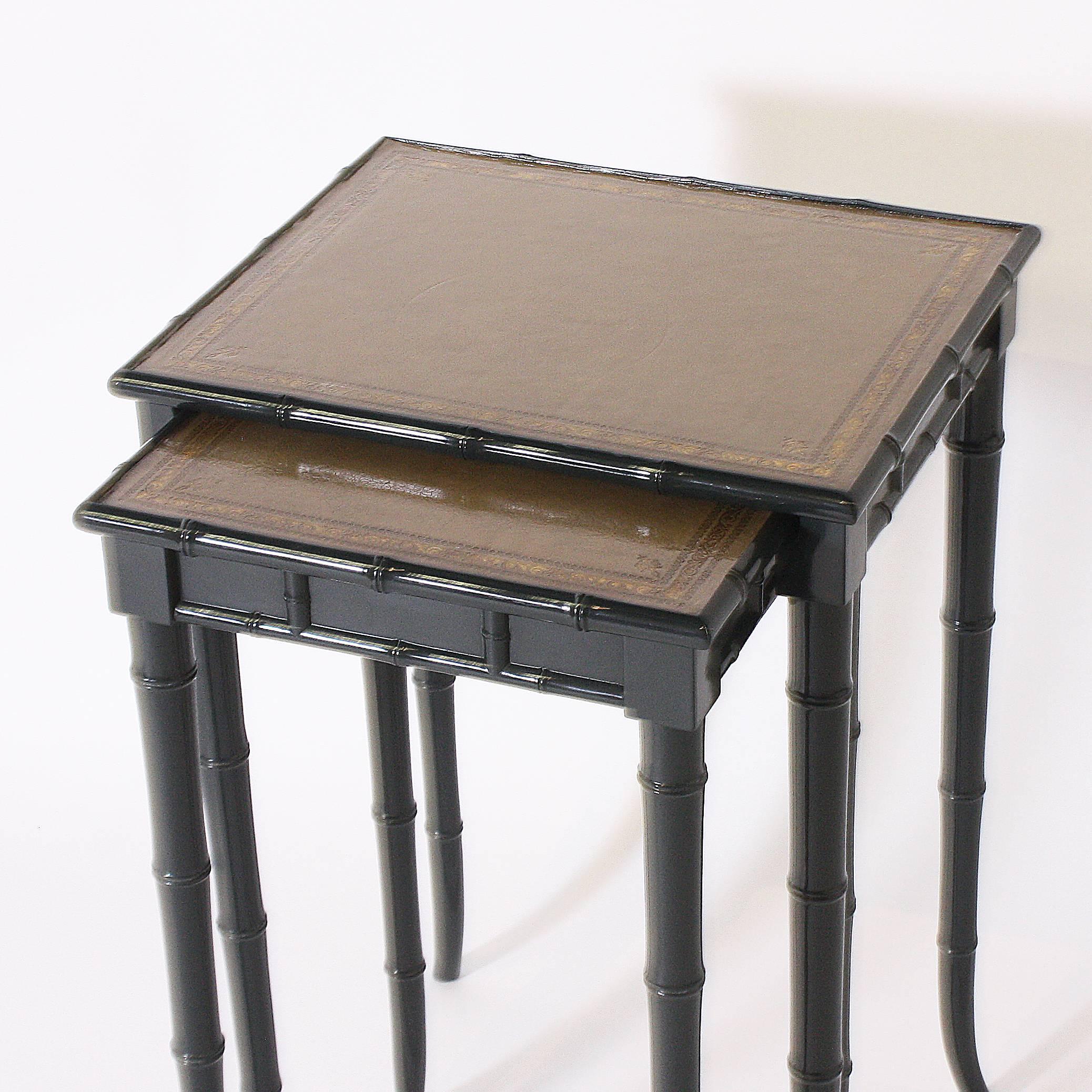 American Pair of Tall Nesting Tables with Original Leather Tops, circa 1970