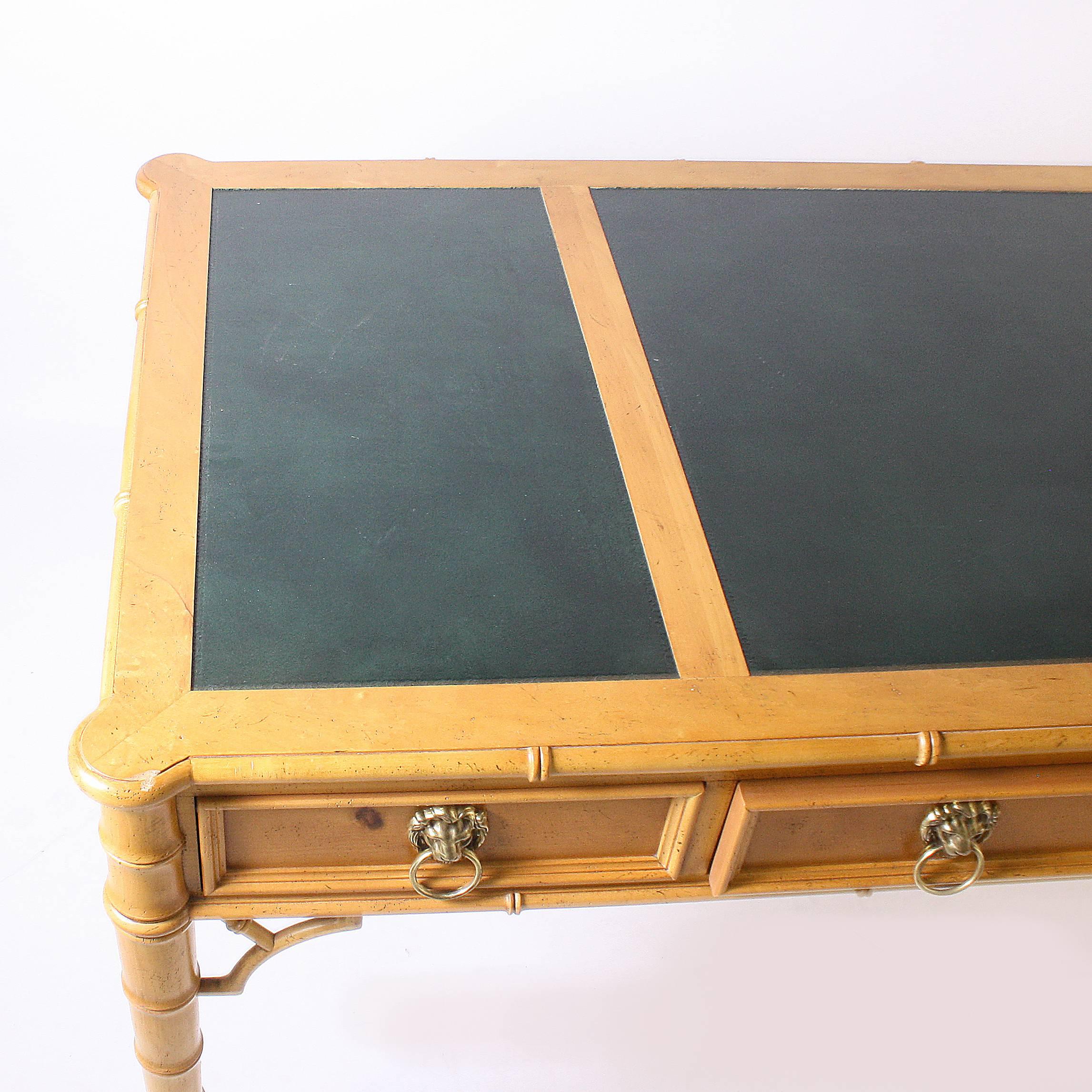 Faux Bamboo Baker Desk with Original Green Leather Top, circa 1970 1