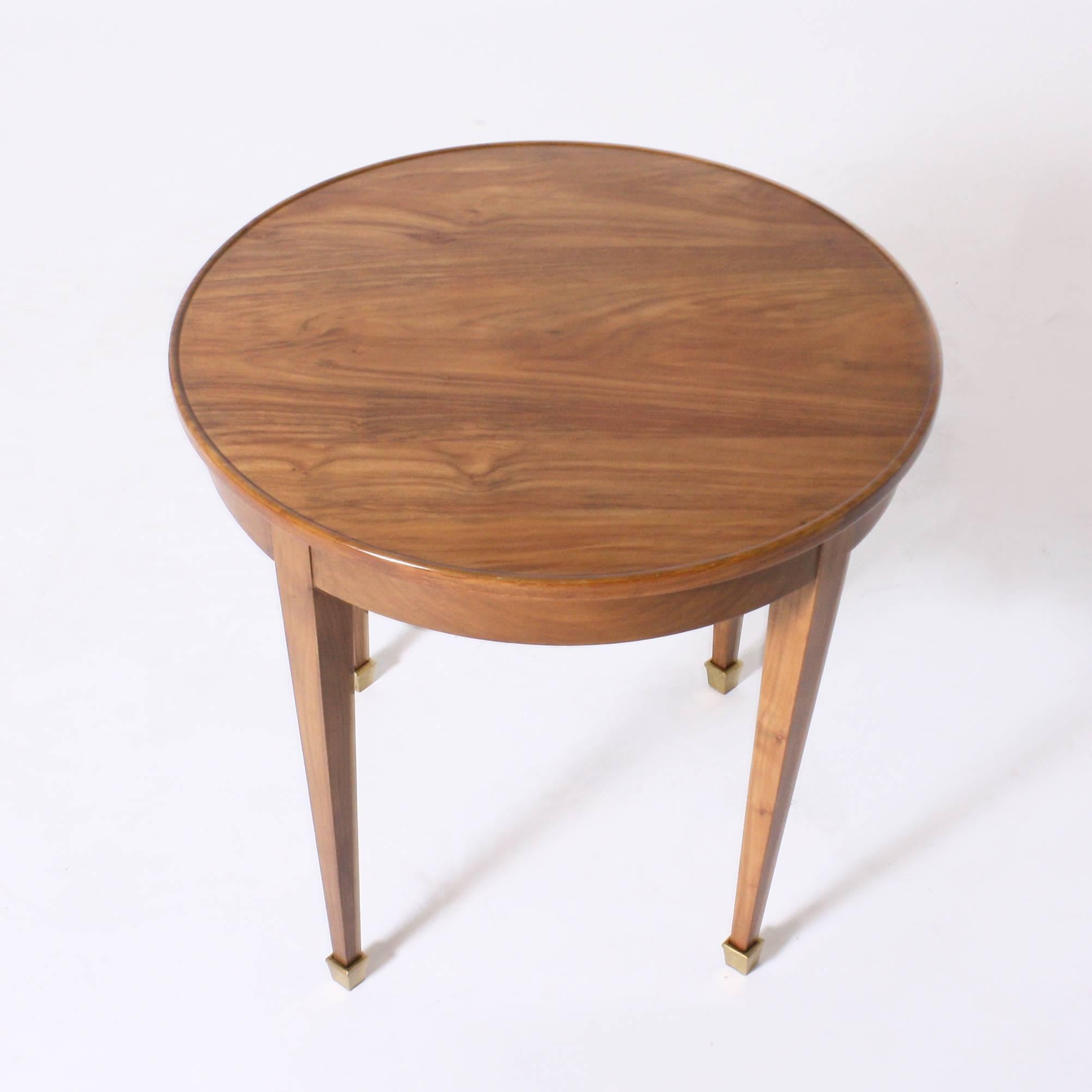 French Small Round Merisier Cigarette Table with Brass Sabots, circa 1940
