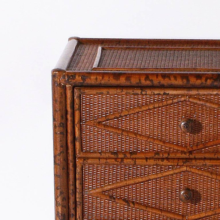 Pair of Dark Stained Burnt Bamboo and Rattan Nightstands, circa 1970 at