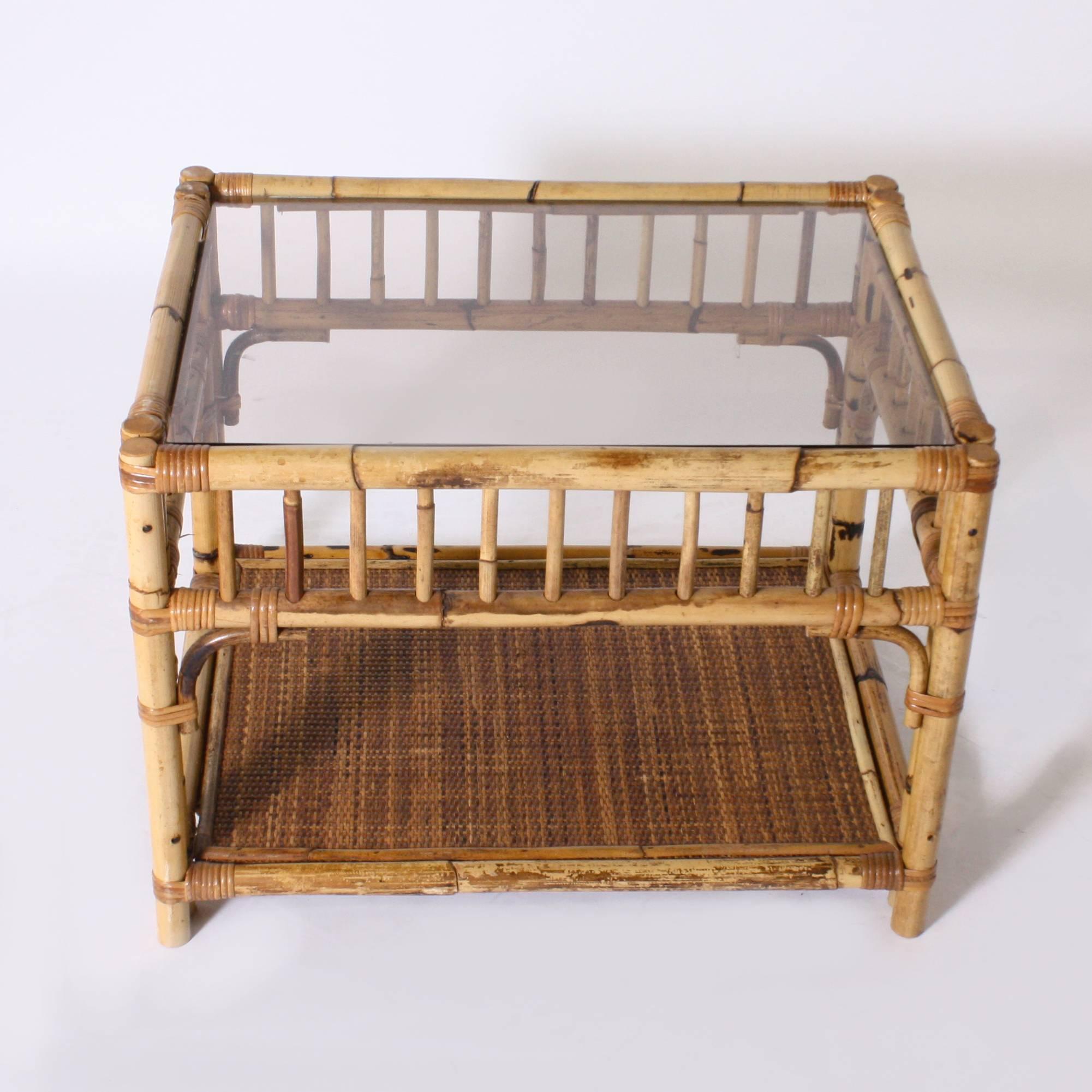 Pair of Burnt Bamboo and Rattan Side Tables with Glass Tops, circa 1970 2