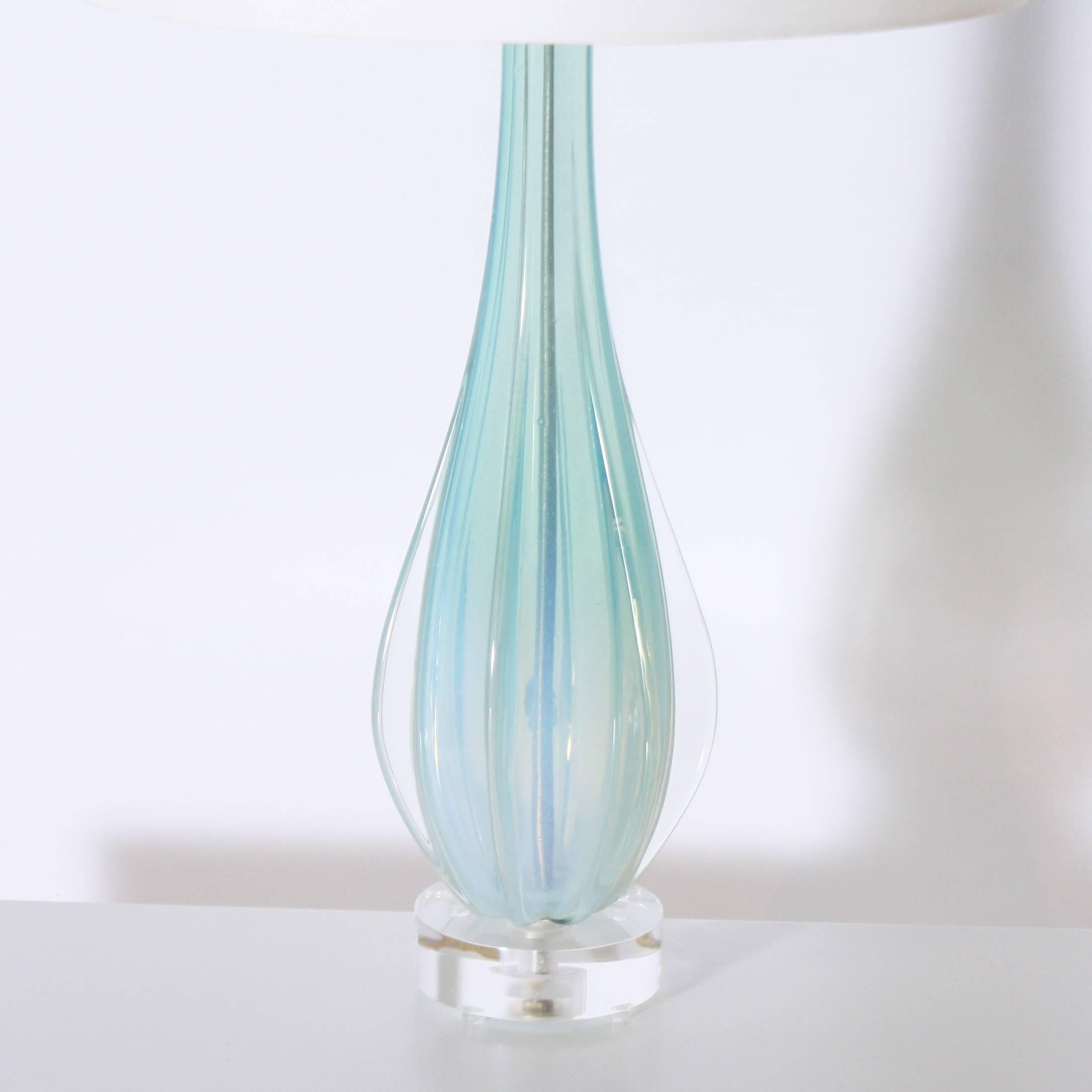Pale blue opaline Murano glass lamp by Seguso, circa 1950.
     