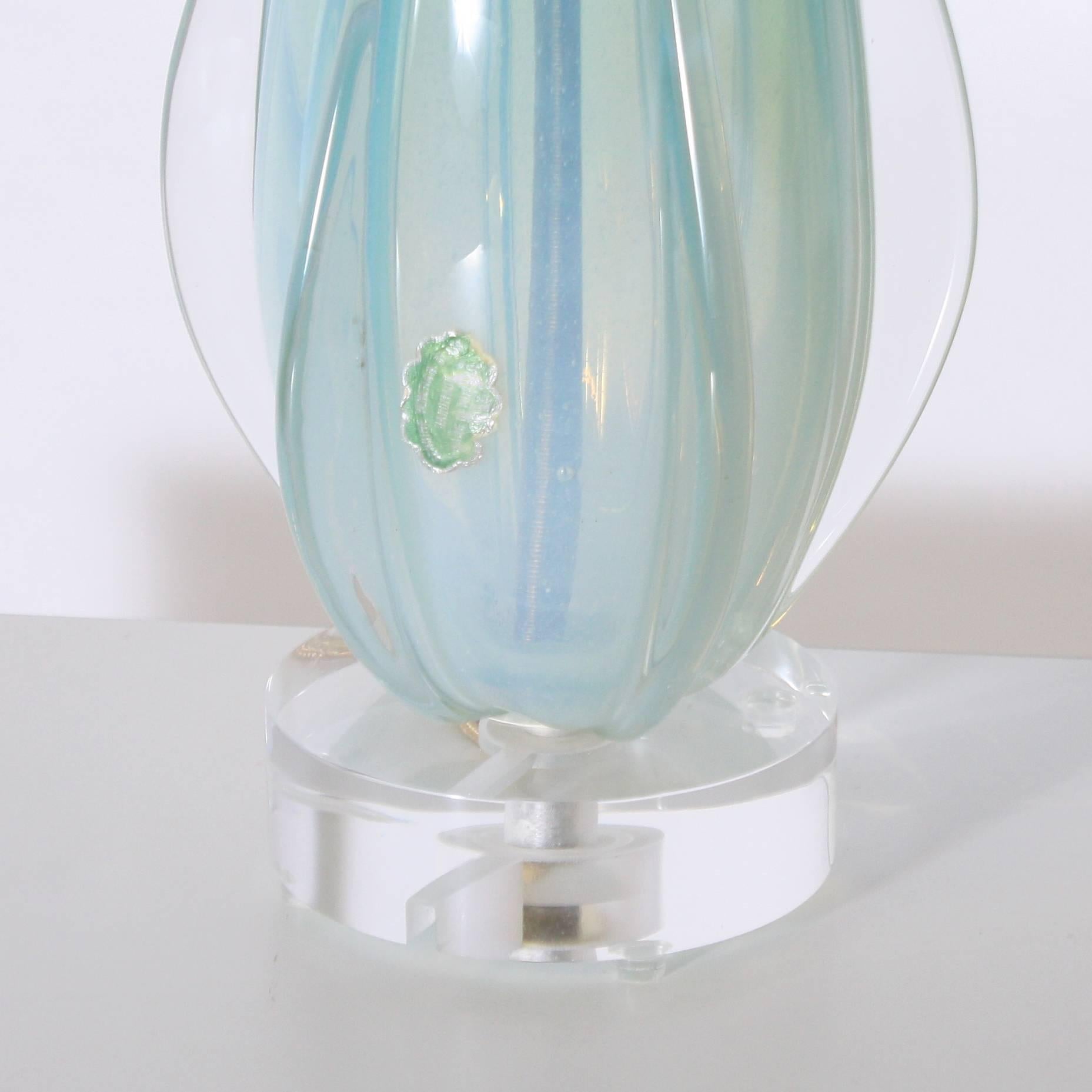 Pale Blue Opaline Murano Glass Lamp by Seguso, circa 1950 In Excellent Condition In Dallas, TX