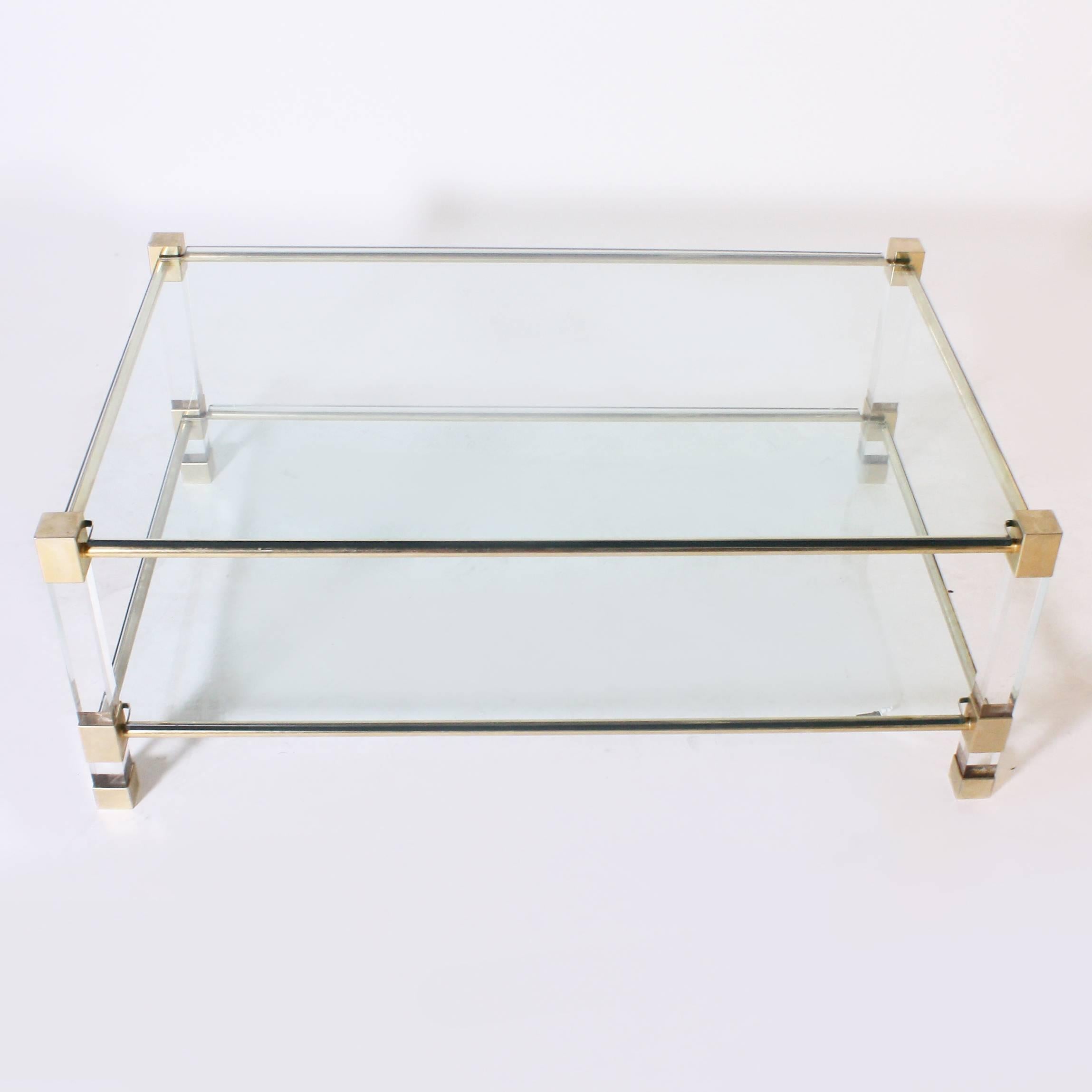 Brass Coffee Table with Square Lucite Legs and Clear Glass Tops, circa 1940 In Good Condition In Dallas, TX