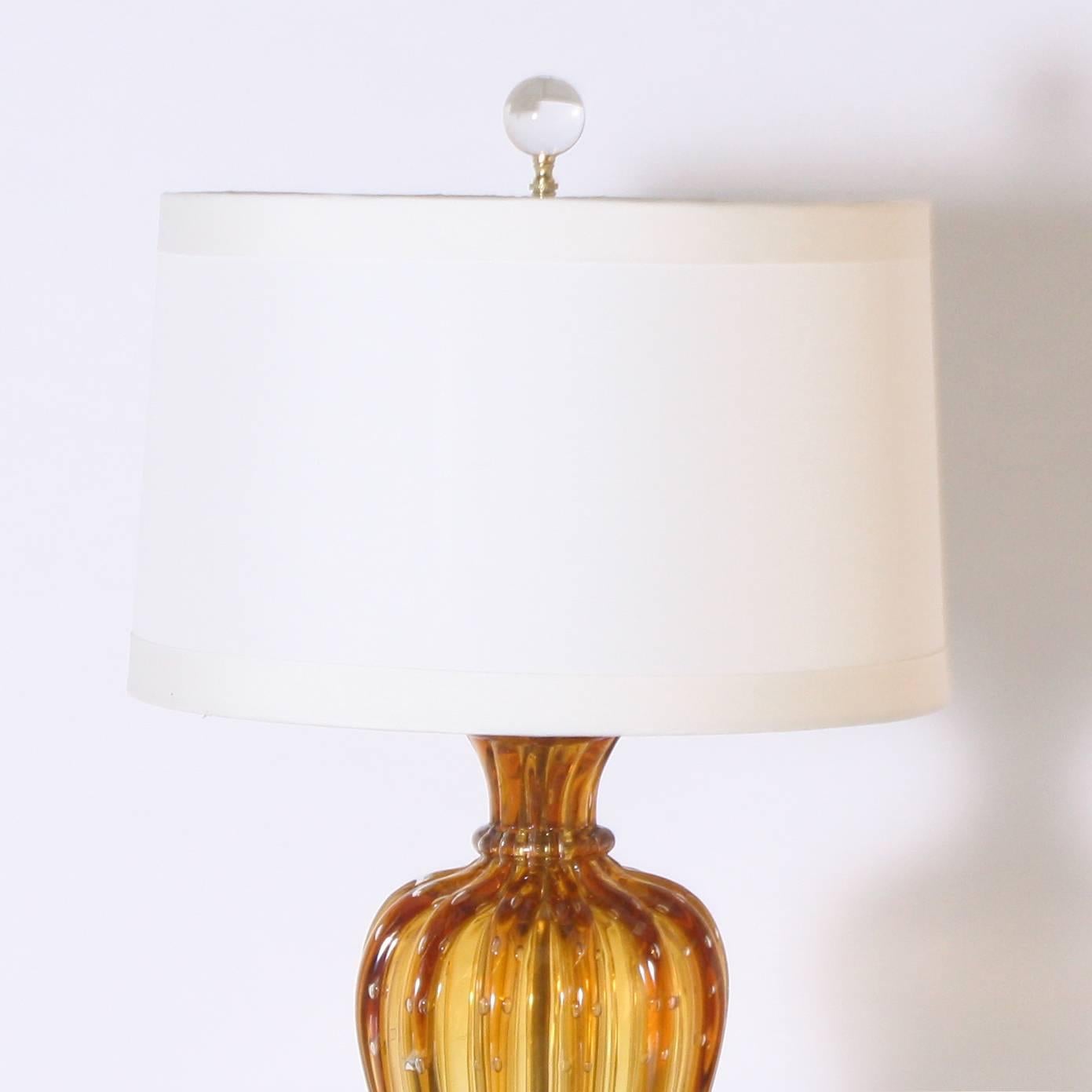 Silk Small Amber Murano Glass Lamp with Clear Bubble Inclusions, circa 1960