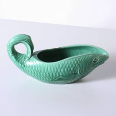 Set of 15 Green Ceramic Fish Dishes, circa 1950