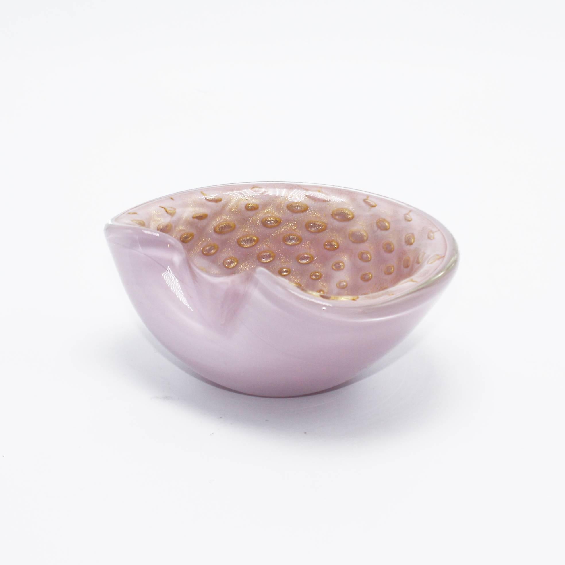Italian Pink Murano Glass Bowl with Gold Bubble Inclusions in the Style of Barbini