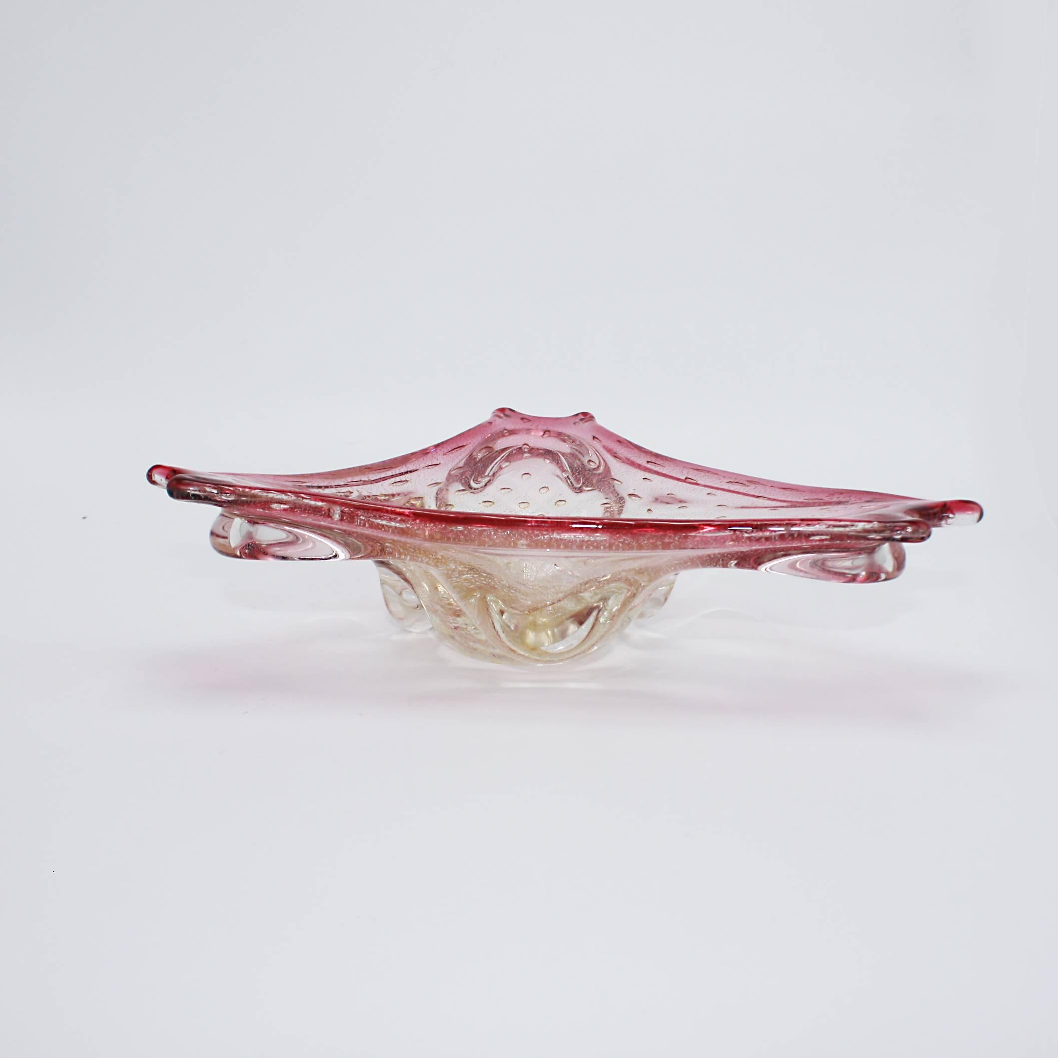 Italian Dark Pink and Gold Murano Glass Bowl with Bubble Inclusions and Gold Flecks