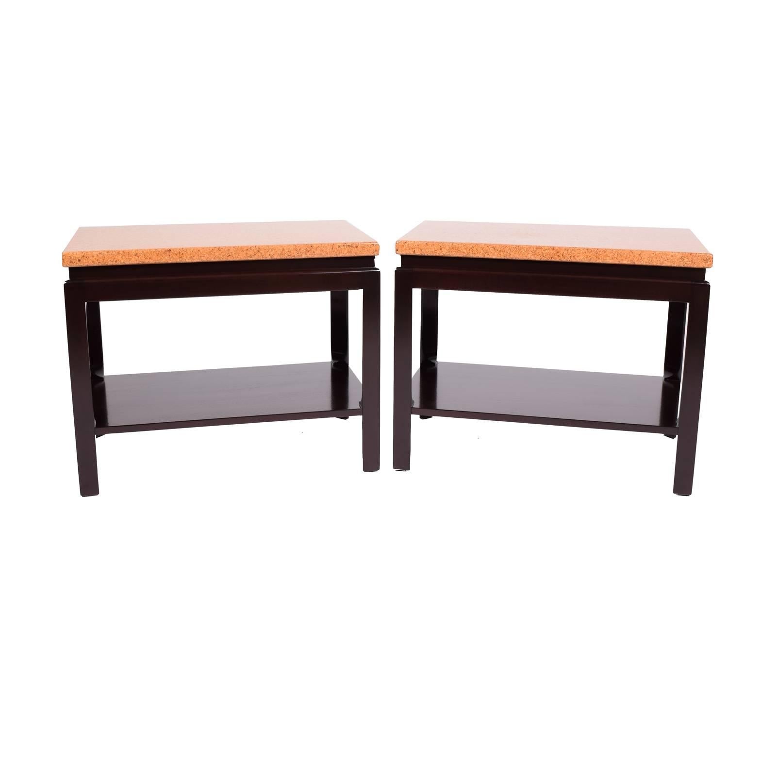 Cork tops and mahogany frames with one open shelf at bottom.
Made by Johnson Furniture Co. stamped design number on bottom.