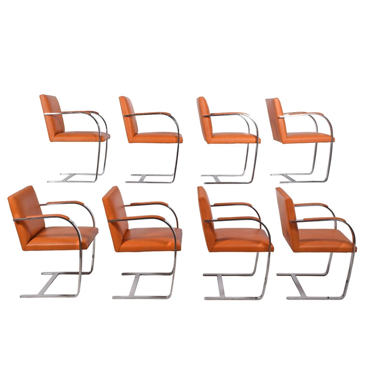 Eight Classic Mies van der Rohde chairs with stainless steel flat bar frame and arm pads and upholstered in leather. Made by Knoll International.
Measures: Arm height measures 25.75.