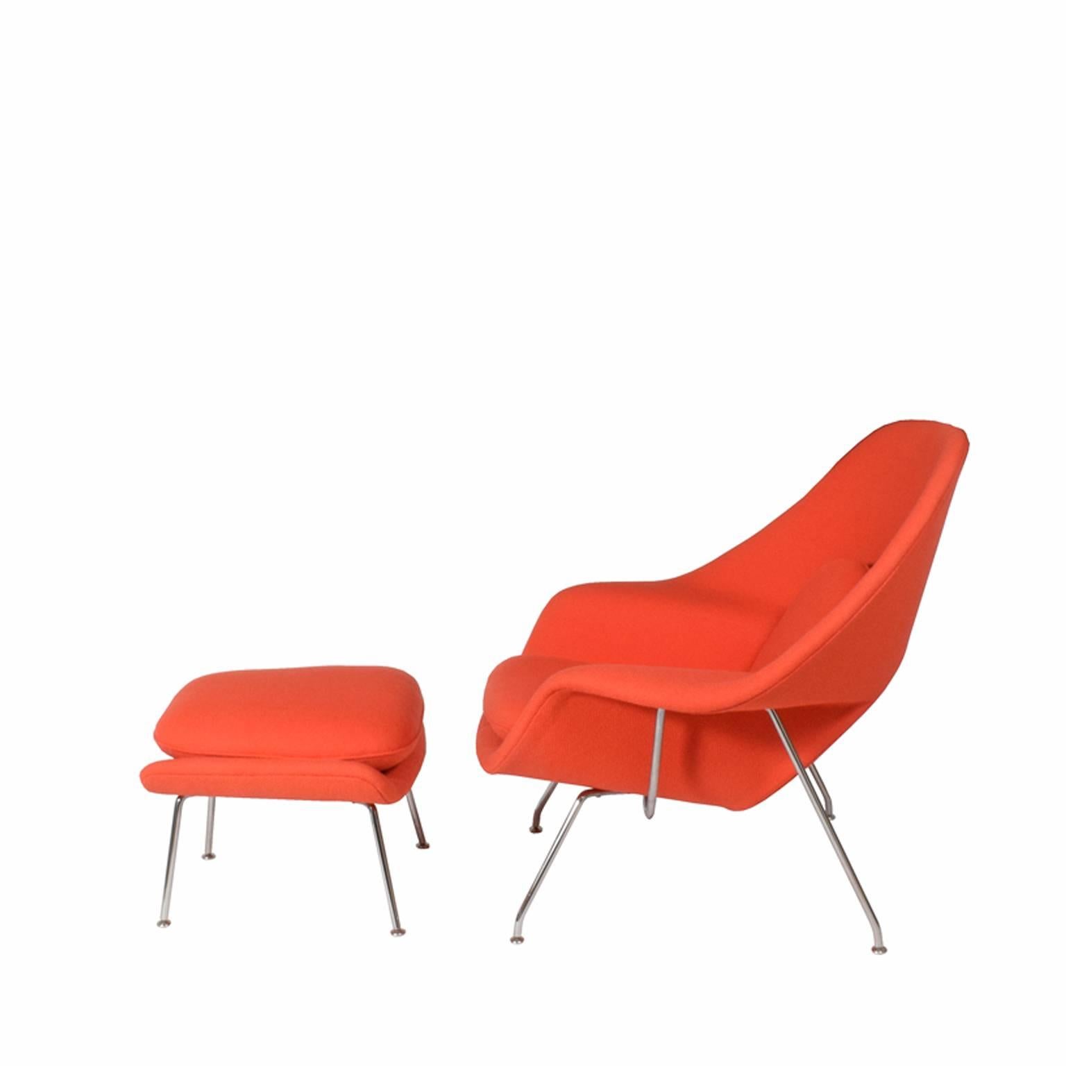 A Classic from 1947 is still beautiful today. Designed by Eero Saarinen. Chrome steel tub base and orange relish fabric.
