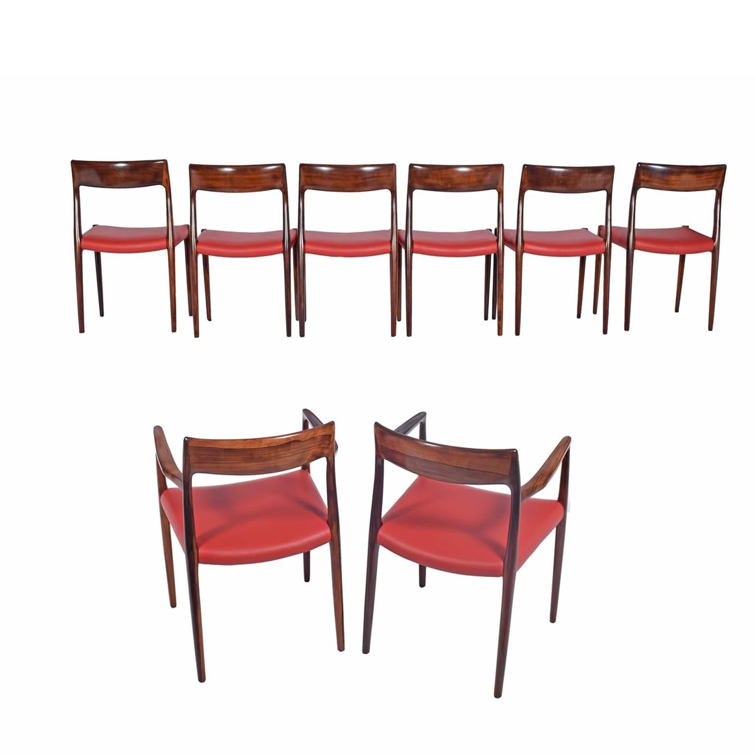 Scandinavian Modern Set of Eight Rosewood Chairs by Niels O. Møller for J. L. Møller