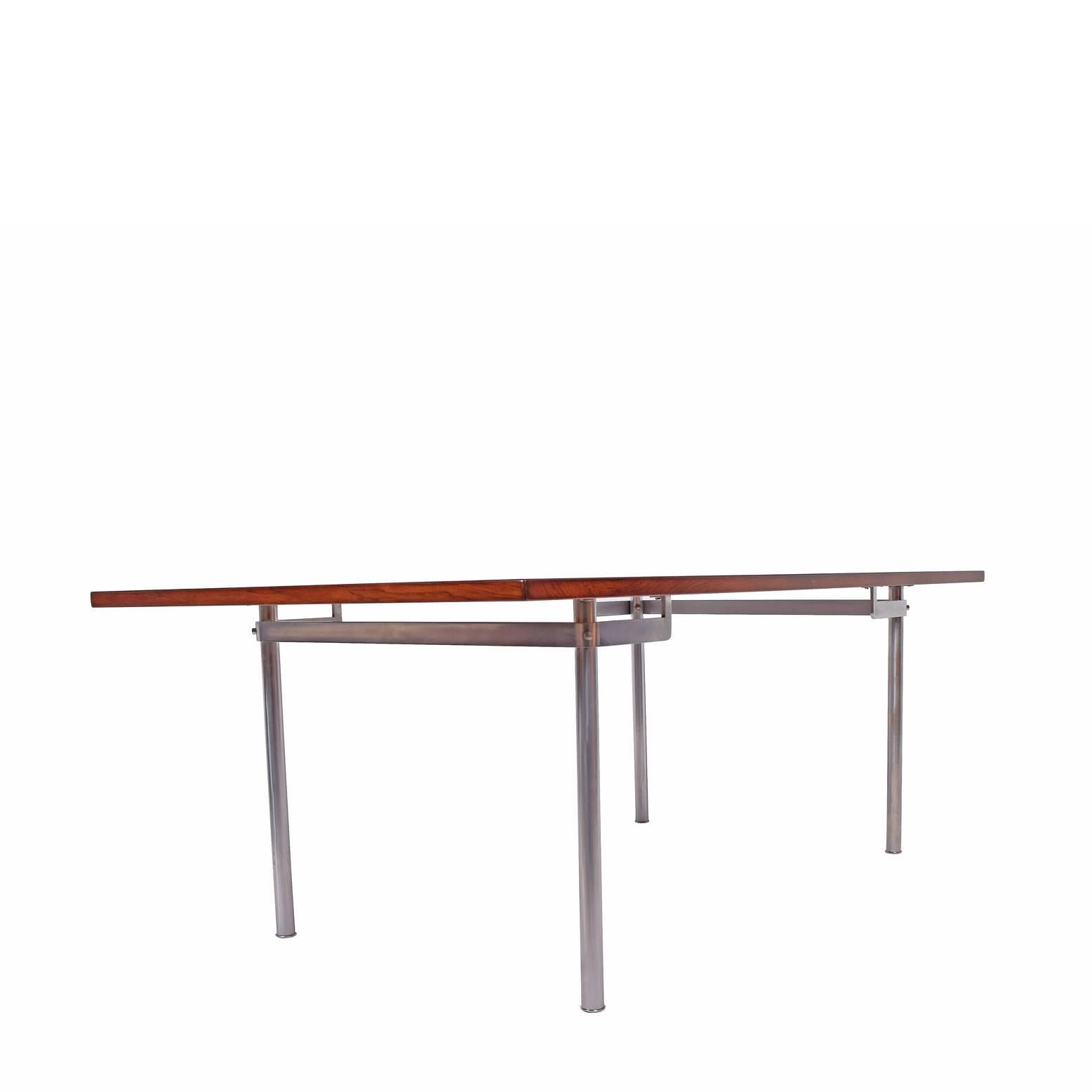 Brazilian rosewood table desk design by Hans Wegner for Andreas Tuck chrome legs sign on the bottom.