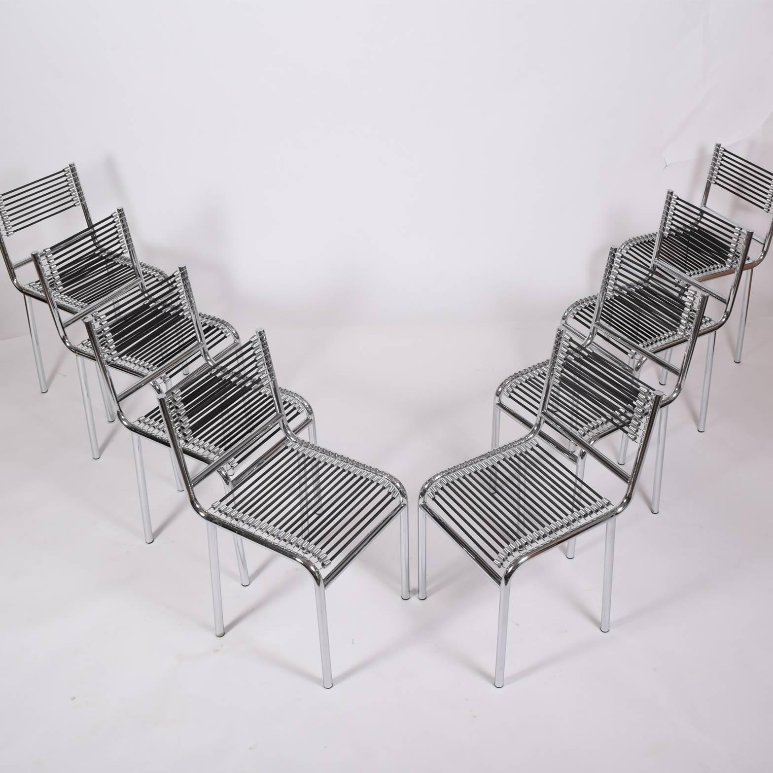 Nickel-plated frame with elastic cord seating. From an Herbst design in 1928, these from a 1980s edition. Reduced in price from $4200 set to $3200 set.