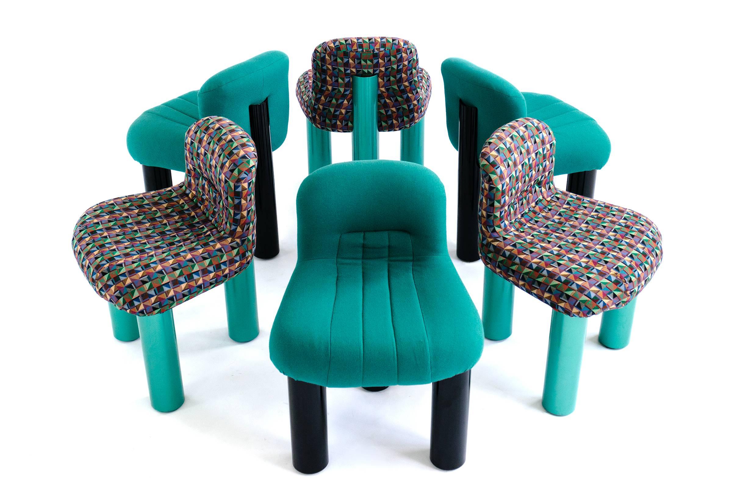 A set of six multipurpose chairs designed for Arflex in 1973. The legs have recessed casters. Three chairs have upholstered turquoise fabric with black lacquered legs. Three chairs have upholstered pattern fabric with turquoise lacquered legs.