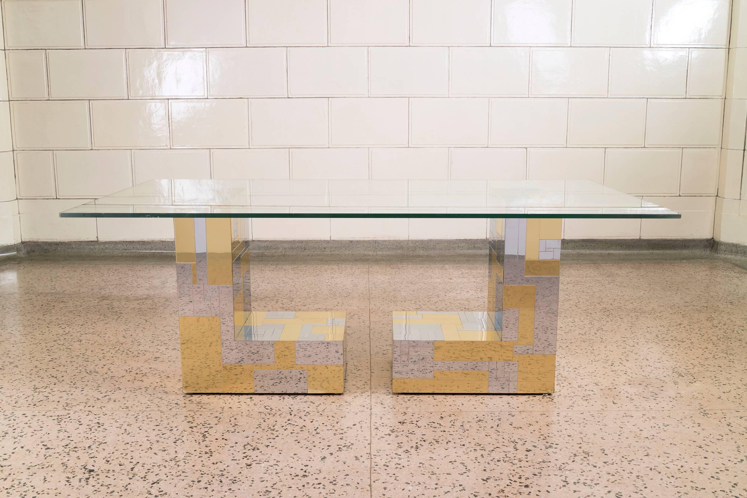 Cityscape by Paul Evans for Directional, brass and chrome pedestal bases with multiple uses. Any sized glass can be cut for use as a dining table, desk or console.