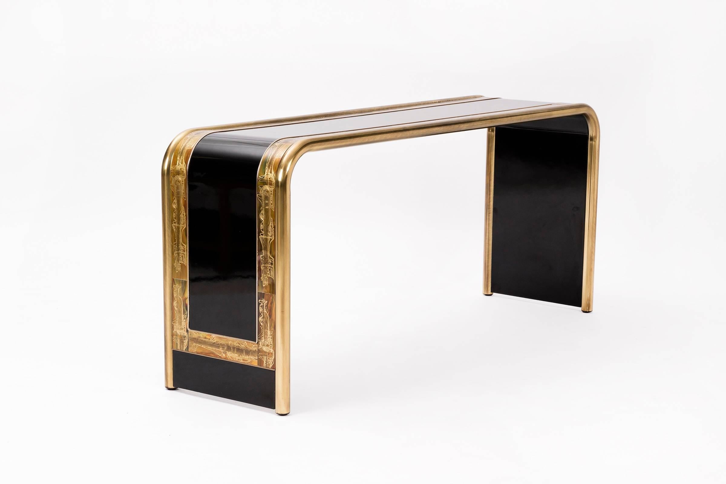 Rohne for Mastercraft console table, brass tubing with metal sides and top with brass acid etched design details.