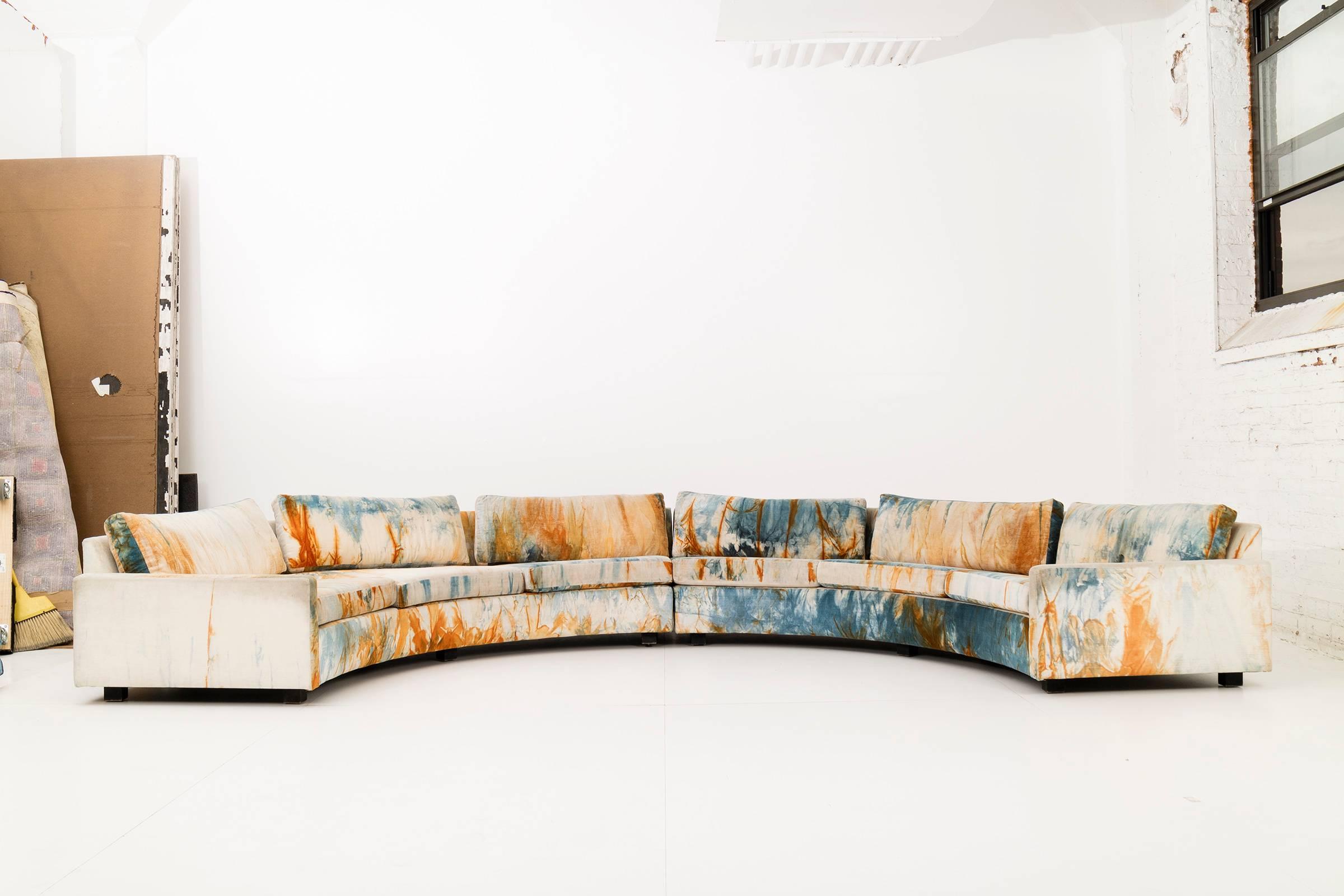 Milo Baughman for Thayer Coggin. Rare sectional with original Jack Lenor Larsen tie-dye upholstery in excellent vintage condition.