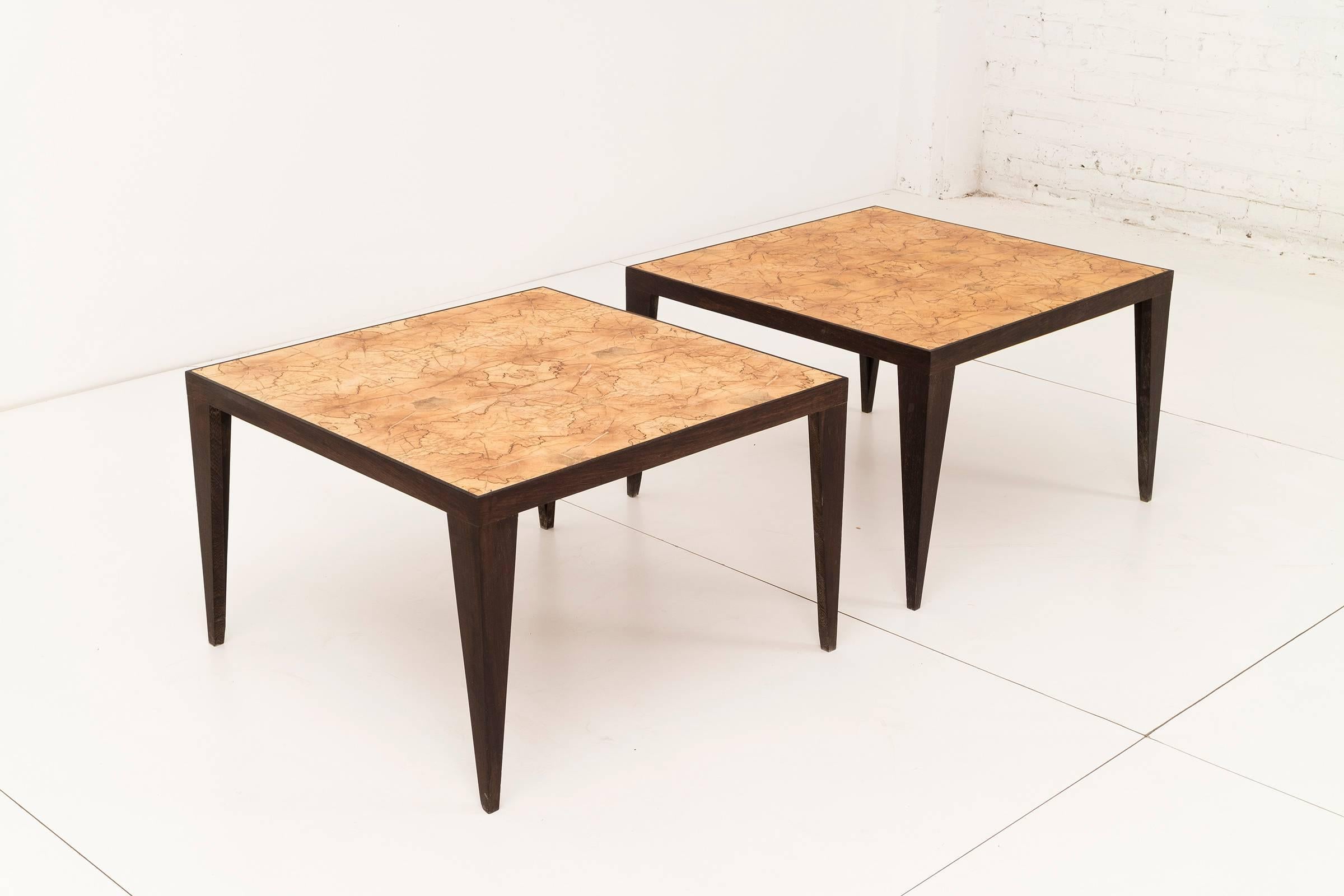 Pair of unique handcrafted side tables with maple book-matched top with wengewood legs. by Uruguayan craftsman Roberto Sorrondeguy.

  