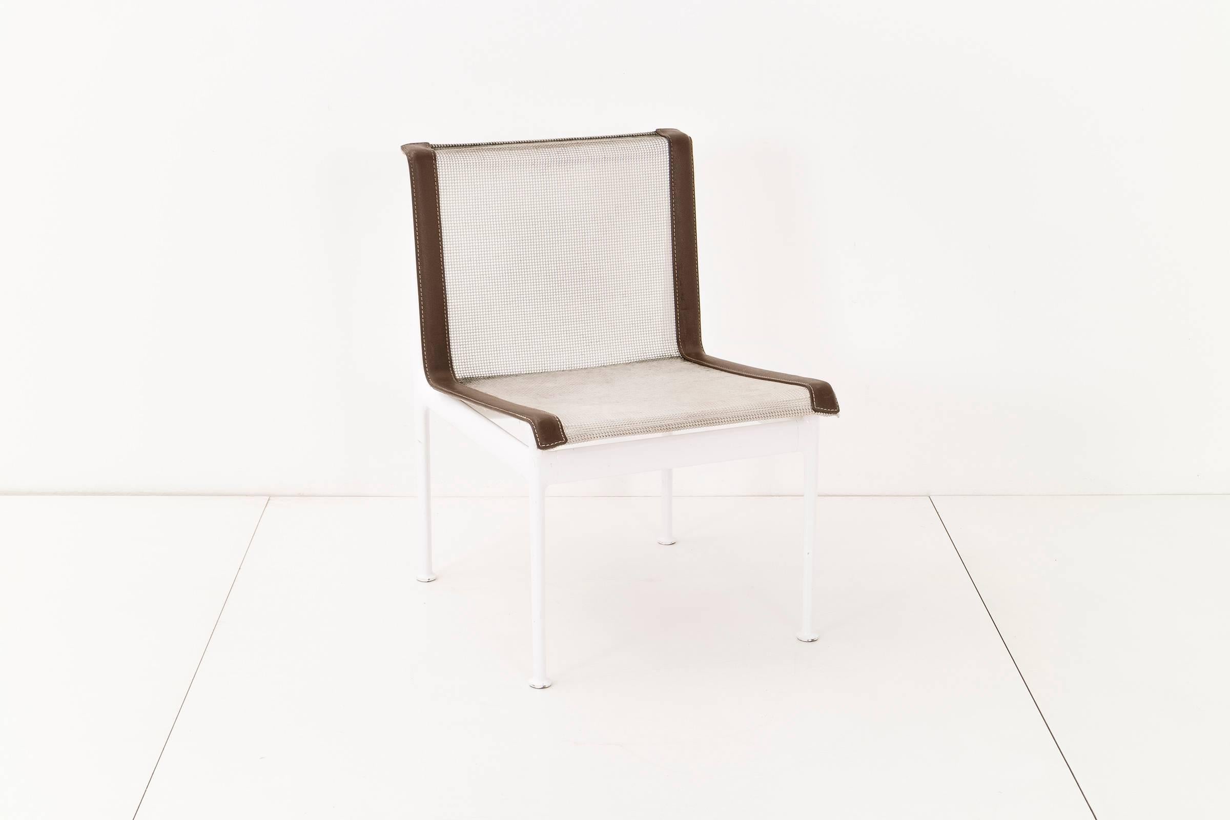 Richard Schultz 1966 series Knoll. Set of four outdoor dining chairs Model No. 1966-46-H. Seat and back are woven vinyl coated polyester mesh with vinyl straps and stainless steel support and connects. The frame is cast and extruded aluminium with a