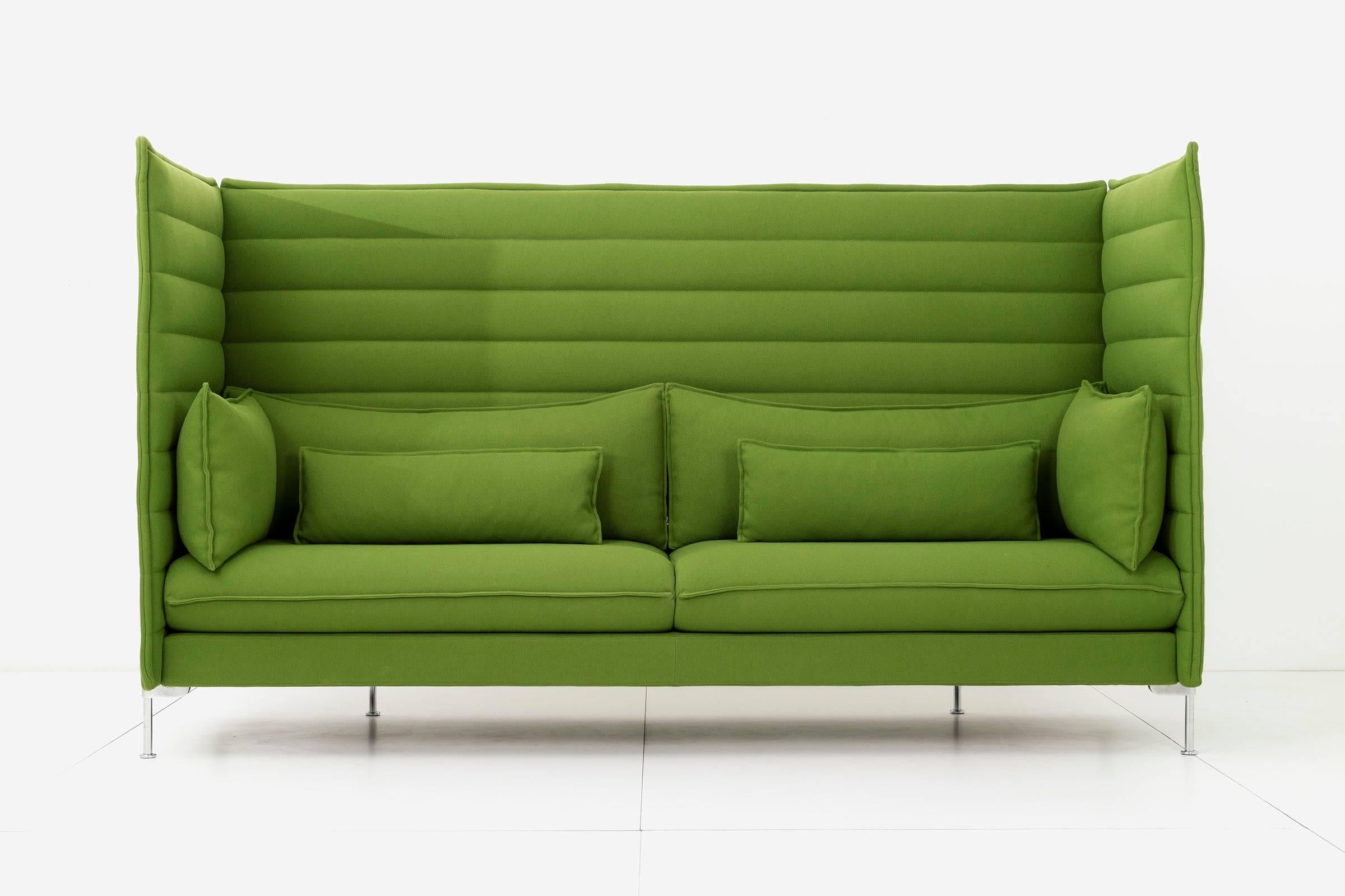 Pair of Alcove Xtra high three-seat sofas designed by Ronan & Erwan Bouroullec for Vitra. Original Laser panels upholstery in 09 Green. High quality Riri zipper.