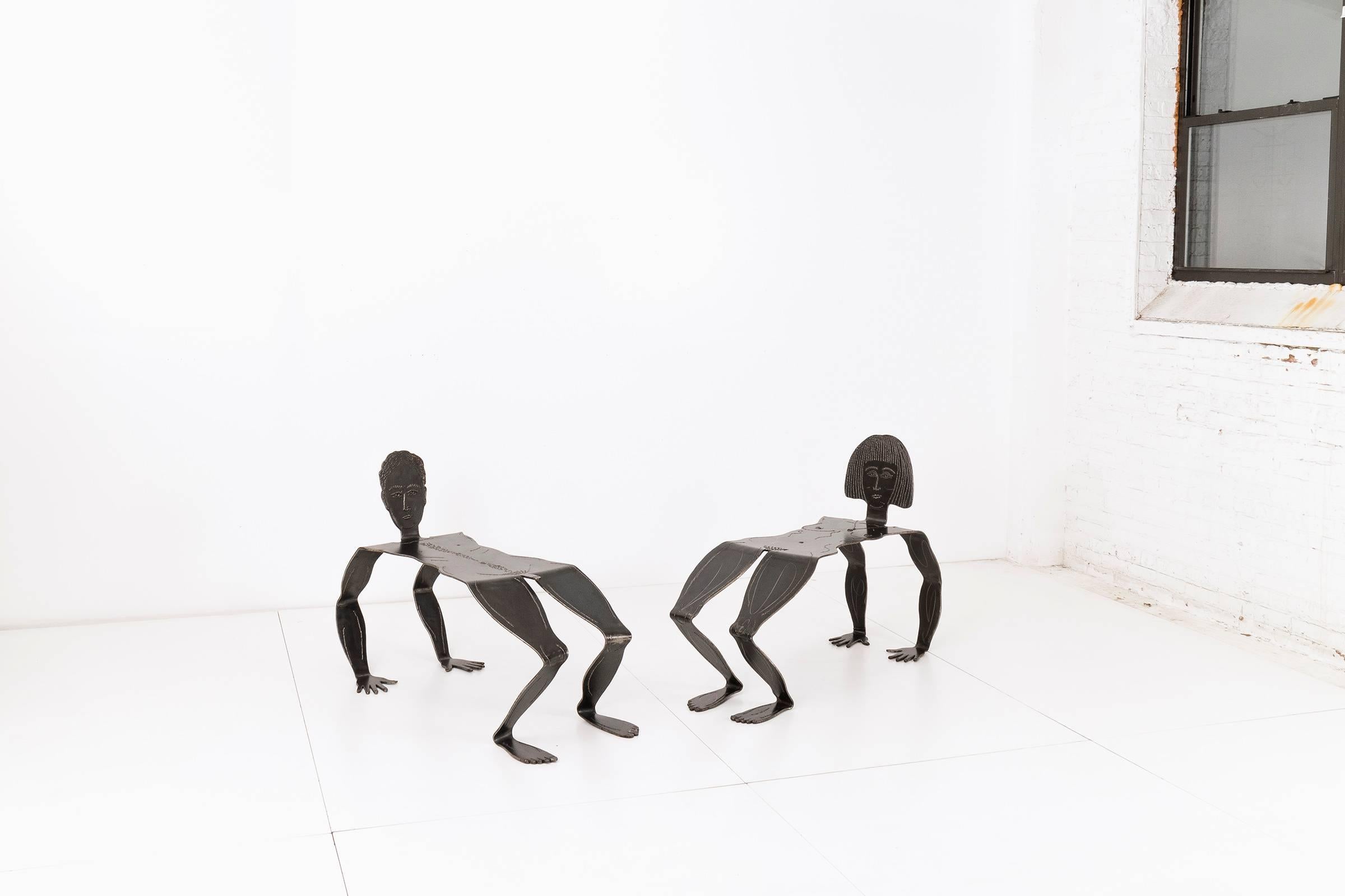 Post-Modern Pair of Sculptural Metal Benches