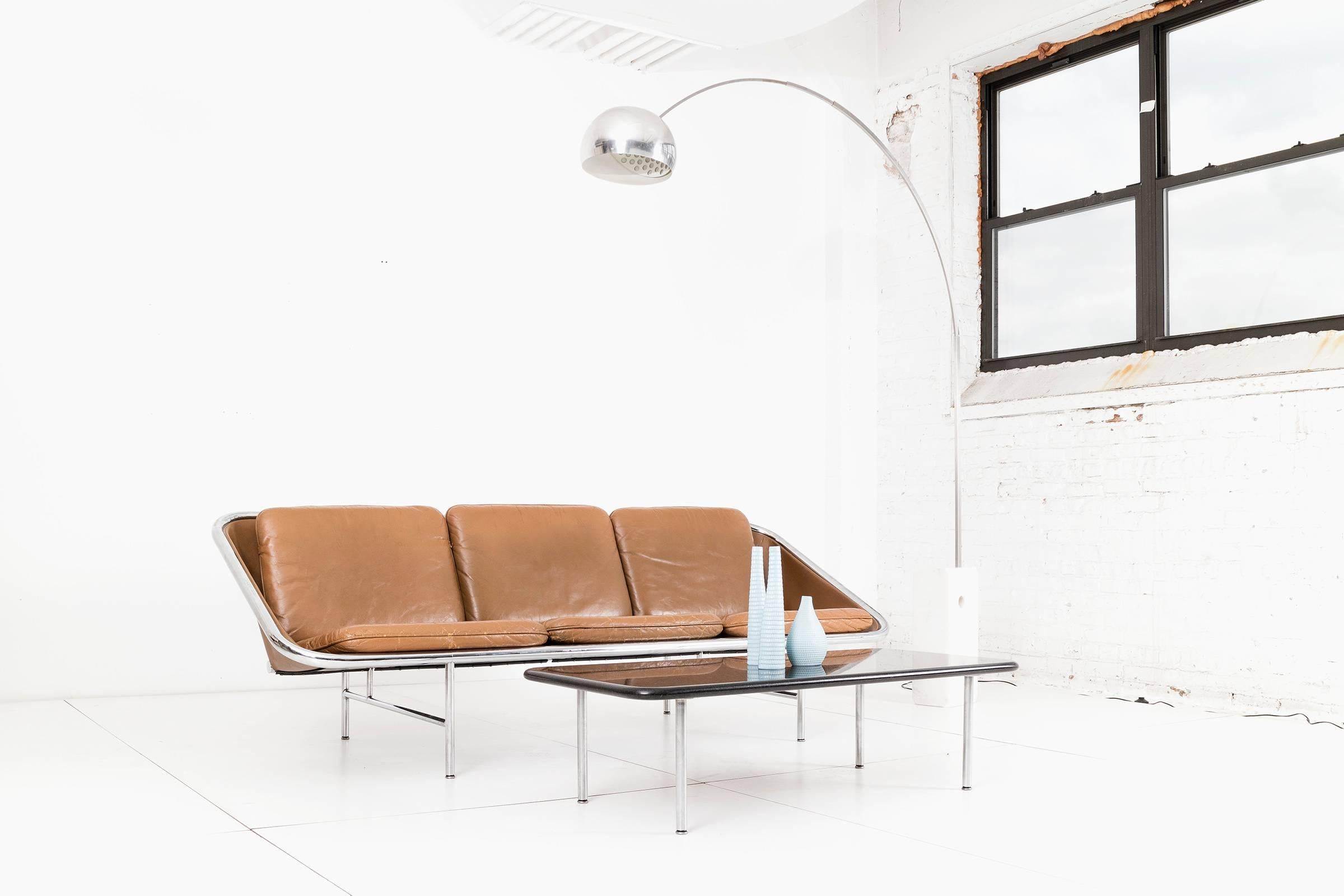 Model 6832 designed in 1963 by George Nelson & Associates for Herman Miller. Chrome-plated tubular steel frame with neoprene reinforced rubber decking and straps.
Original leather in sound vintage condition, cushions with great patina, crazing as