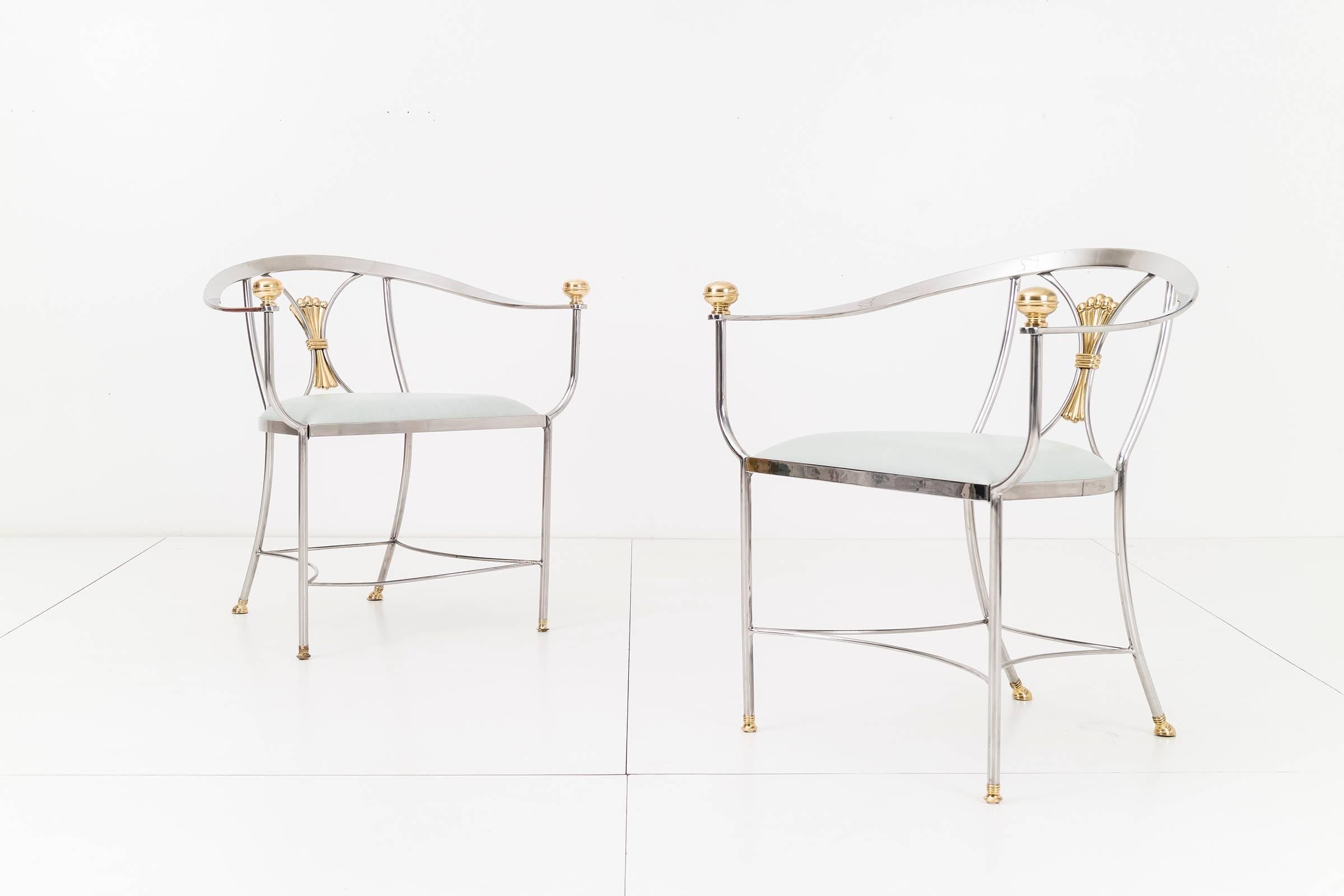 Alberto Orlandi occasional chairs, Italian Renaissance-revival Savonarola chair with sculptural polished metal and solid brass decorative details. Edelman leather reupholstered seats.
[stamped on backside of seat] shown in images.