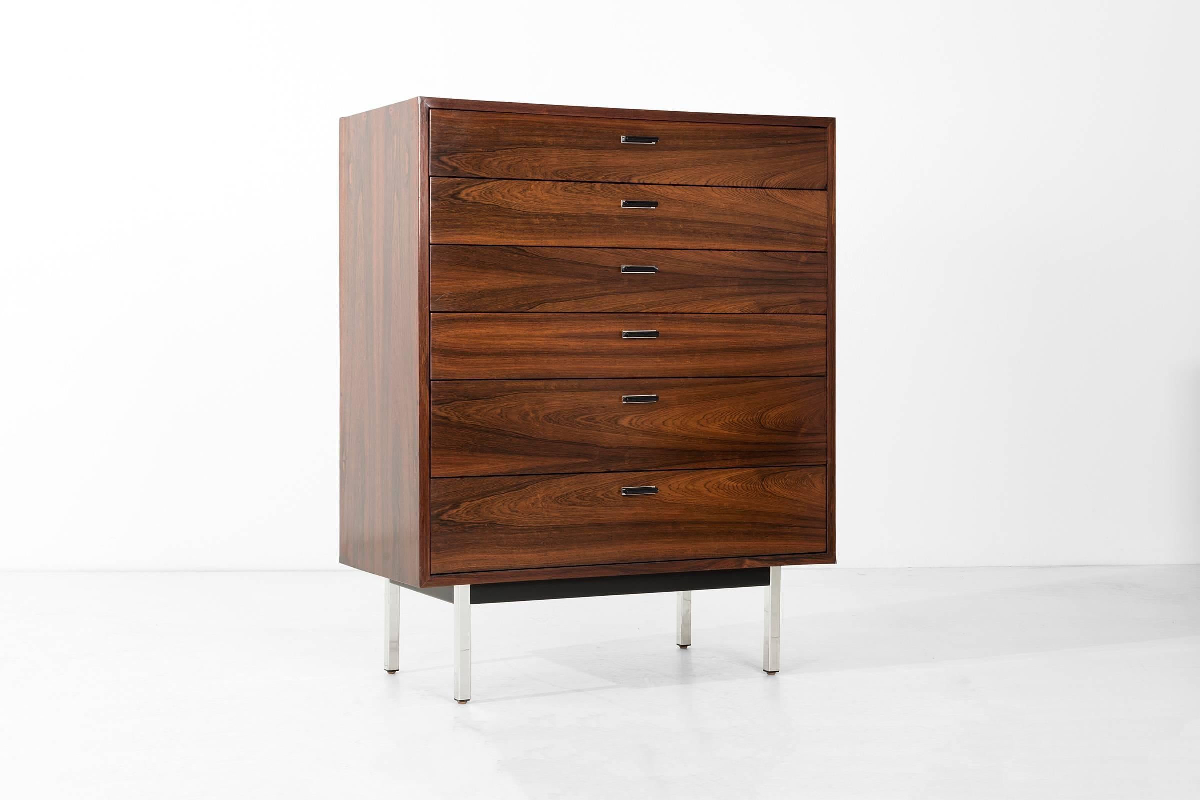 Rosewood and chrome six-drawer dresser by Harvey Probber.  Probber (b.1922-d.2003) was an iconic American designer who was an early pioneer of modular seating in the 1940's. His design aesthetic was elegant, sophisticated and leaned toward a