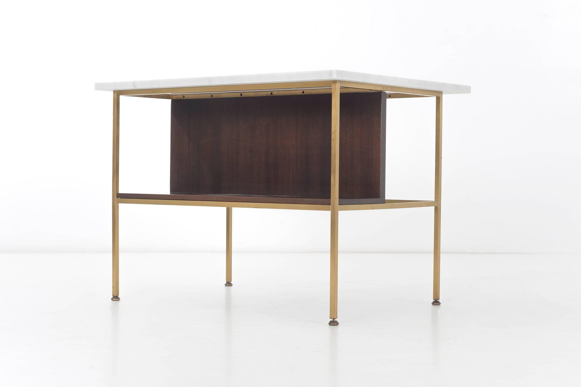 McCobb for Calvin Furniture Company, nightstands or side tables
Brass and mahogany with carrera marble.
