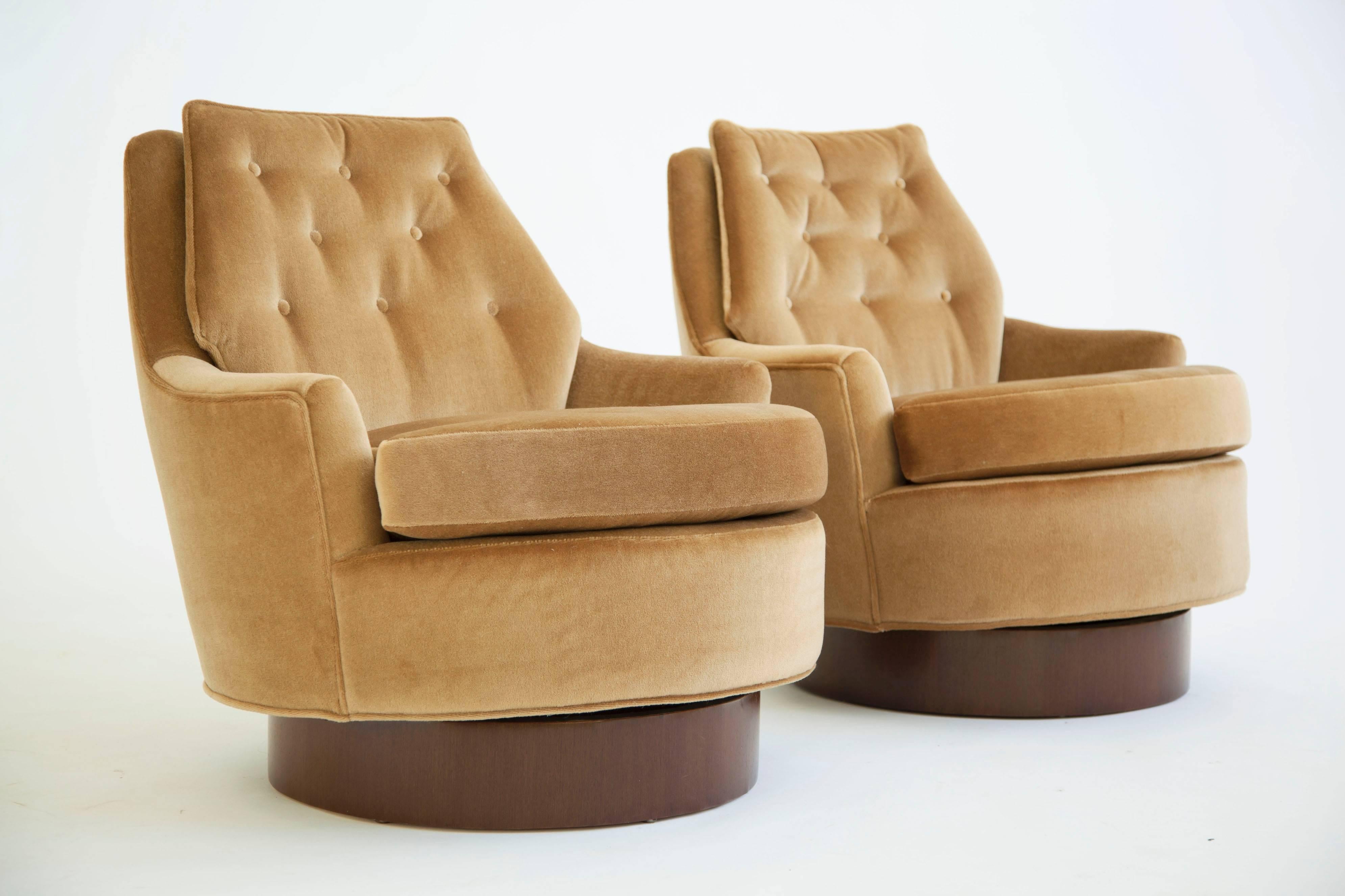 Milo Baughman for Thayer Coggin swivel-tilt lounge chairs.
Reupholstered with Mohair.