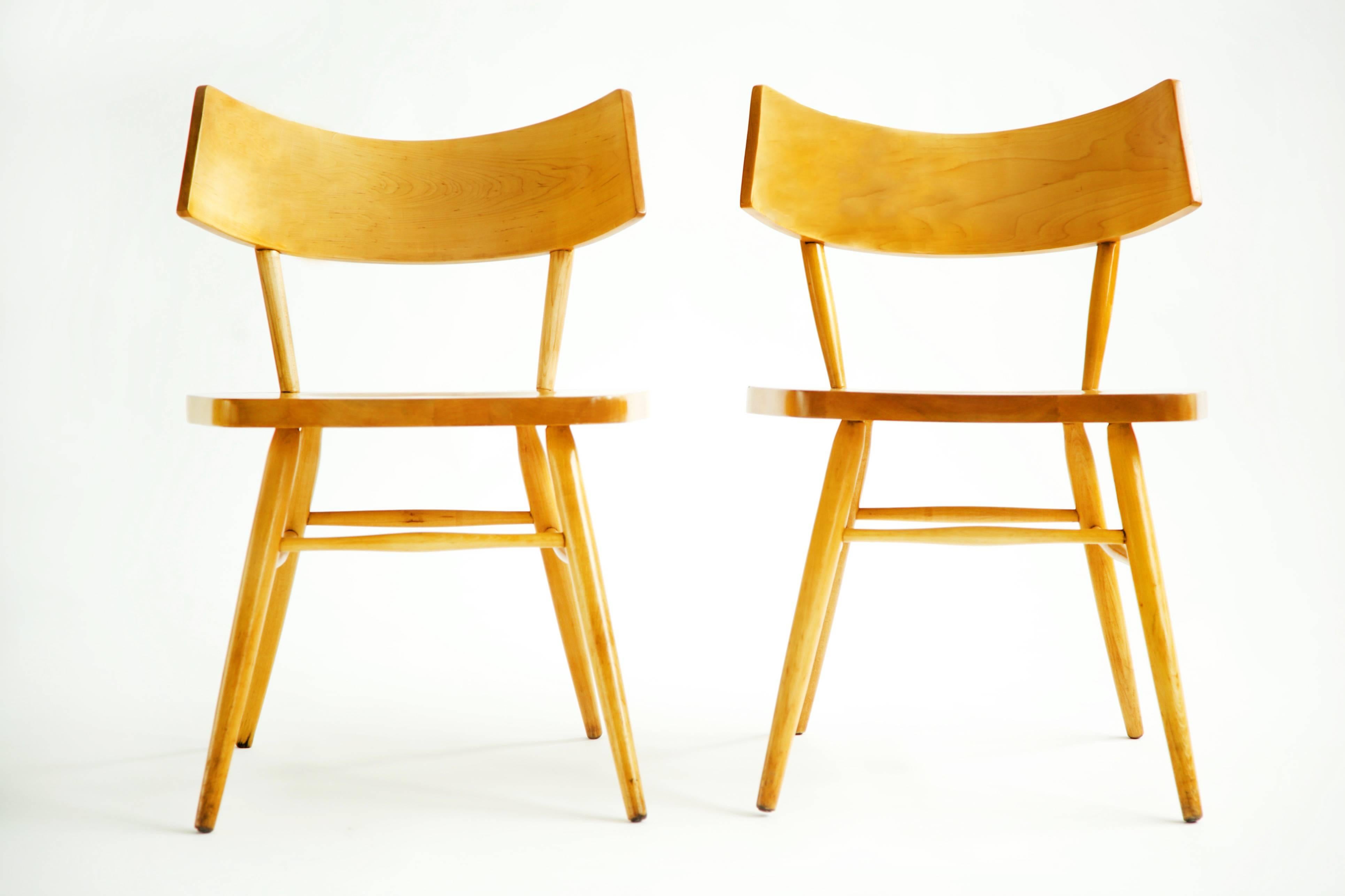 American modern chairs, lacquered bent and carved solid walnut. Klismos style curved back supported by solid dowels.