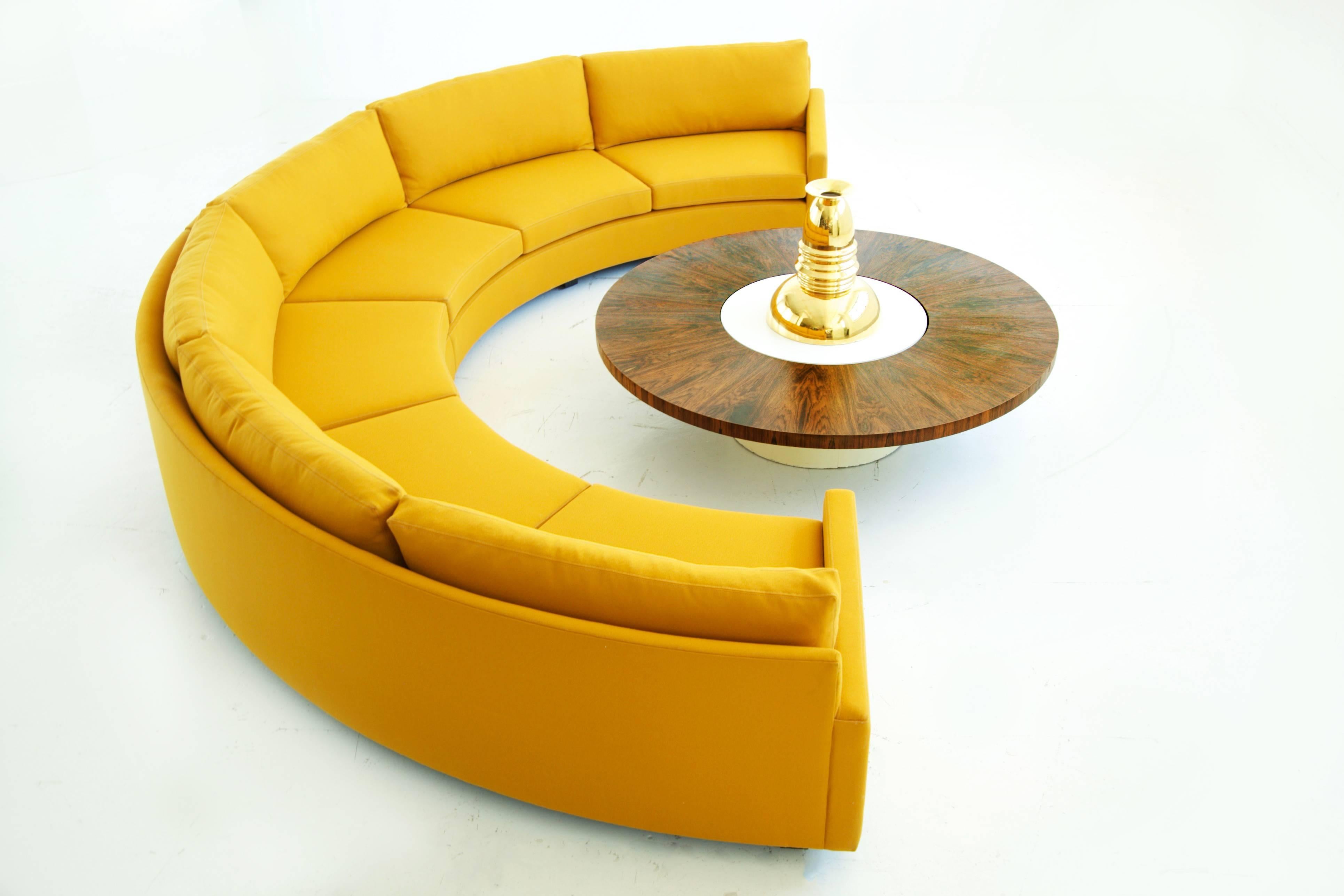 Baughman for Thayer Coggin, Curved Sectional Sofa, reupholsterd with 100% wool Maharam Crepe and down feather pillows. 
Each section 115 long.