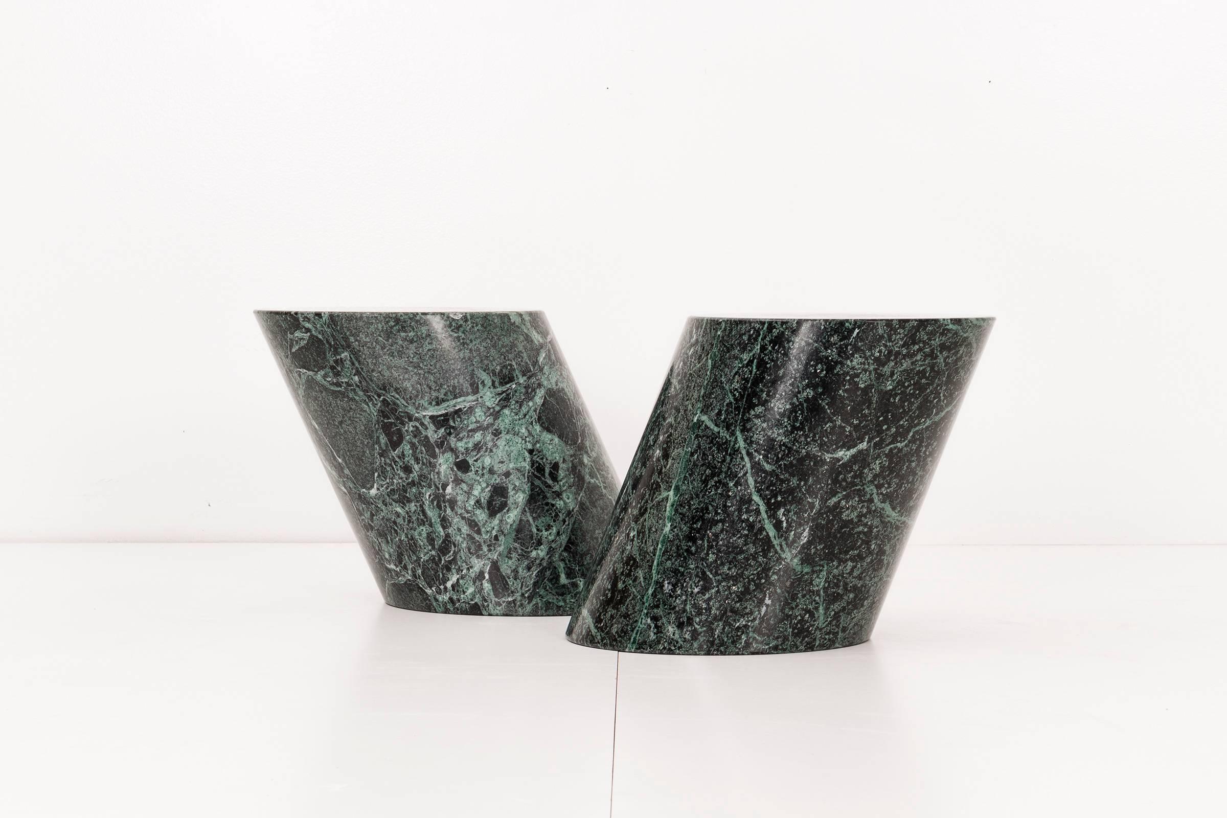 Solid Verde Alpi marble stump tables.  Dimensions posted below are of table surface.  The table as a whole has a depth of 21"