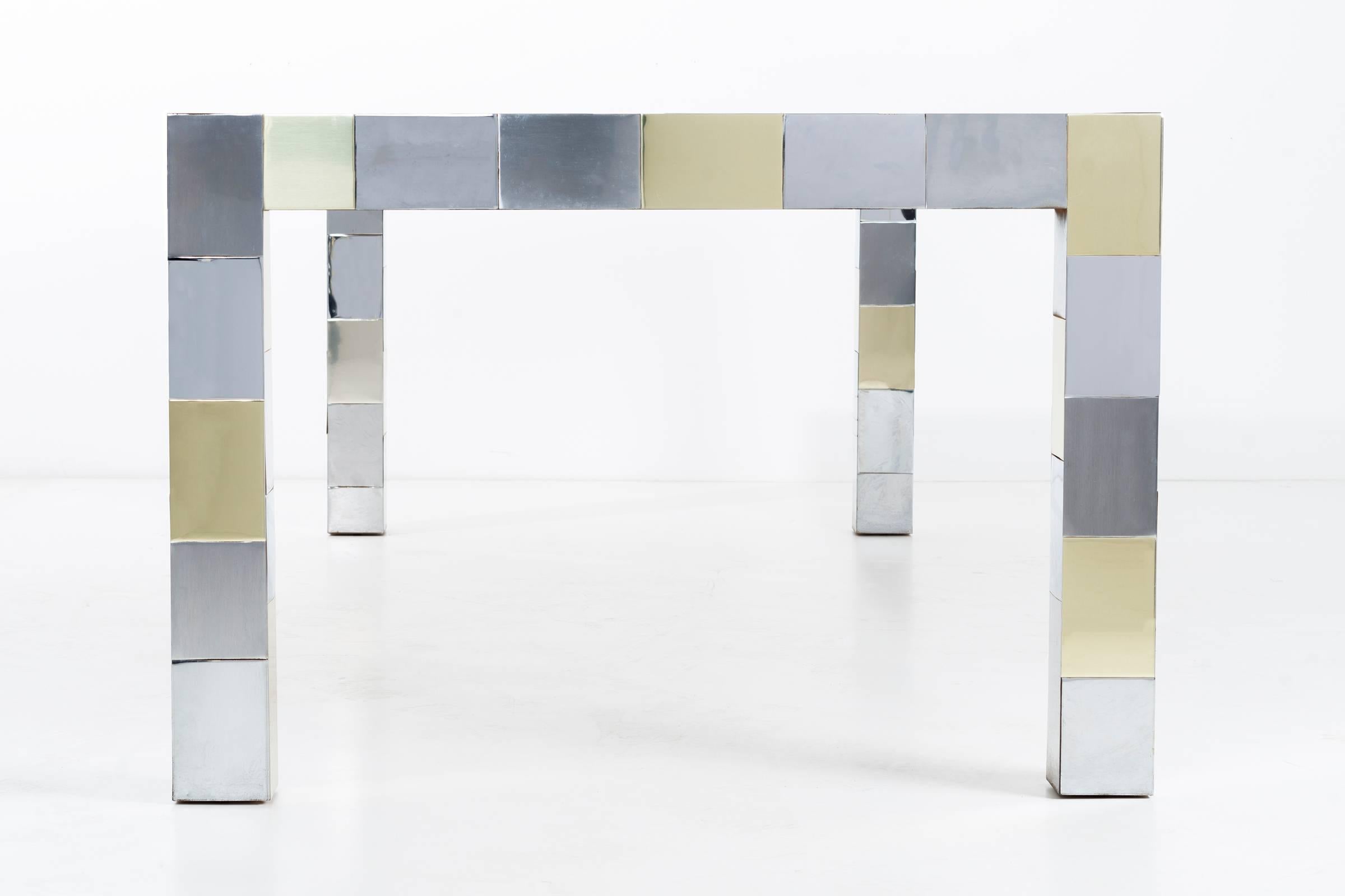 Evans for Directional Parsons dining table.
Brass, chrome and brushed chrome metal mosaic brick geometric seamless linear pattern. [Singed Paul Evans]
Pictured with and without leaves. Measure: 72