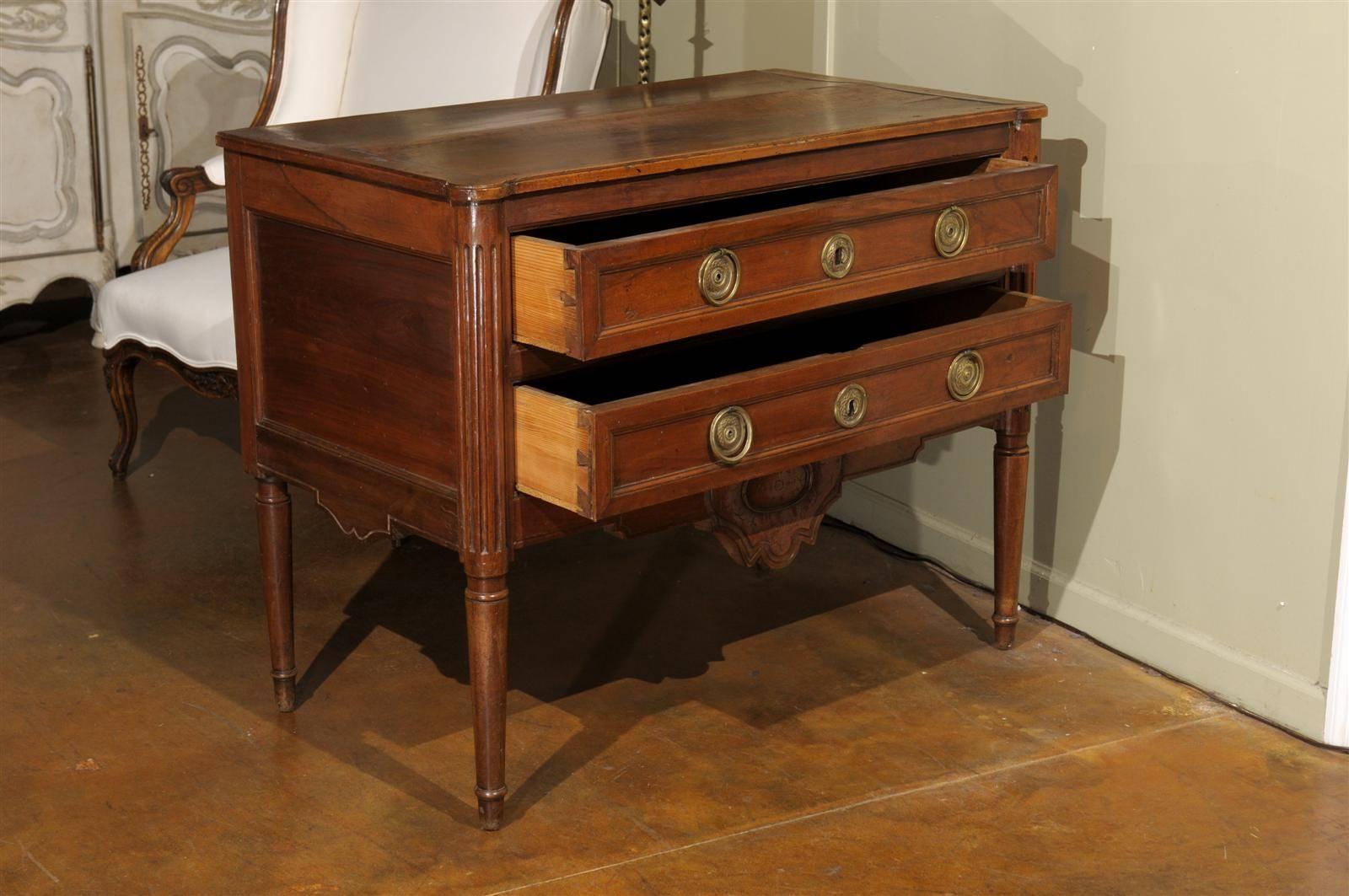 19th Century French Louis XVI Style Walnut Two-Drawer Commode With Cartouche Motif For Sale