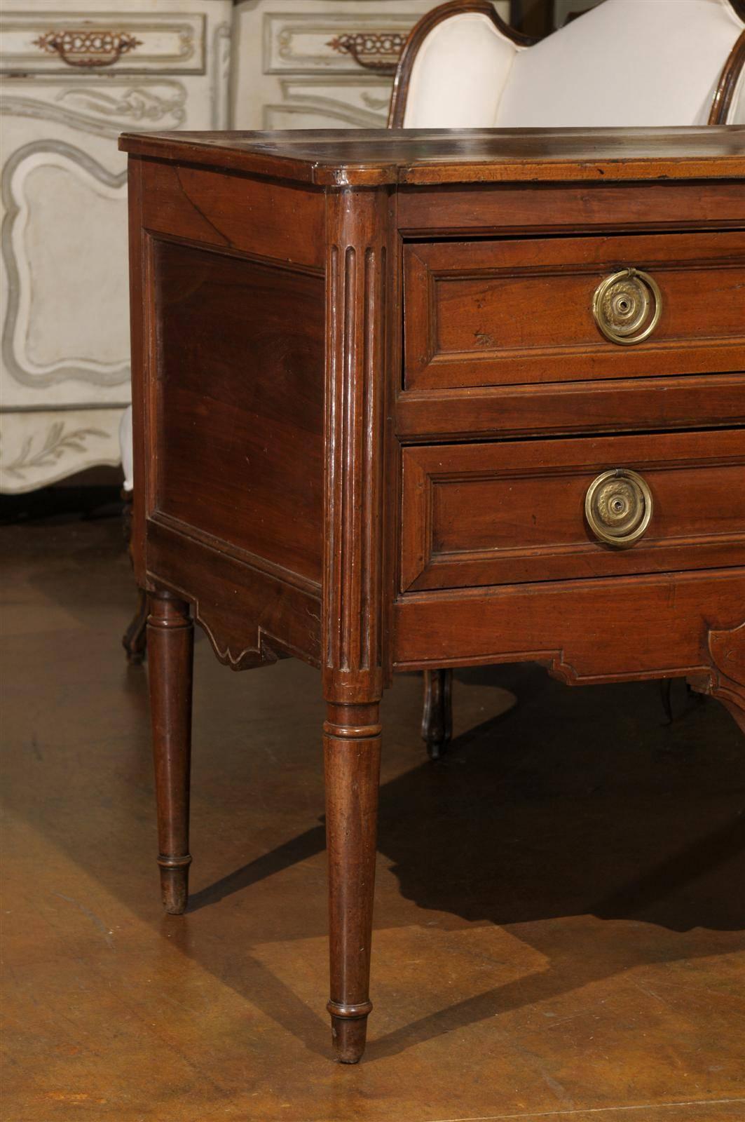 French Louis XVI Style Walnut Two-Drawer Commode With Cartouche Motif In Excellent Condition For Sale In Atlanta, GA