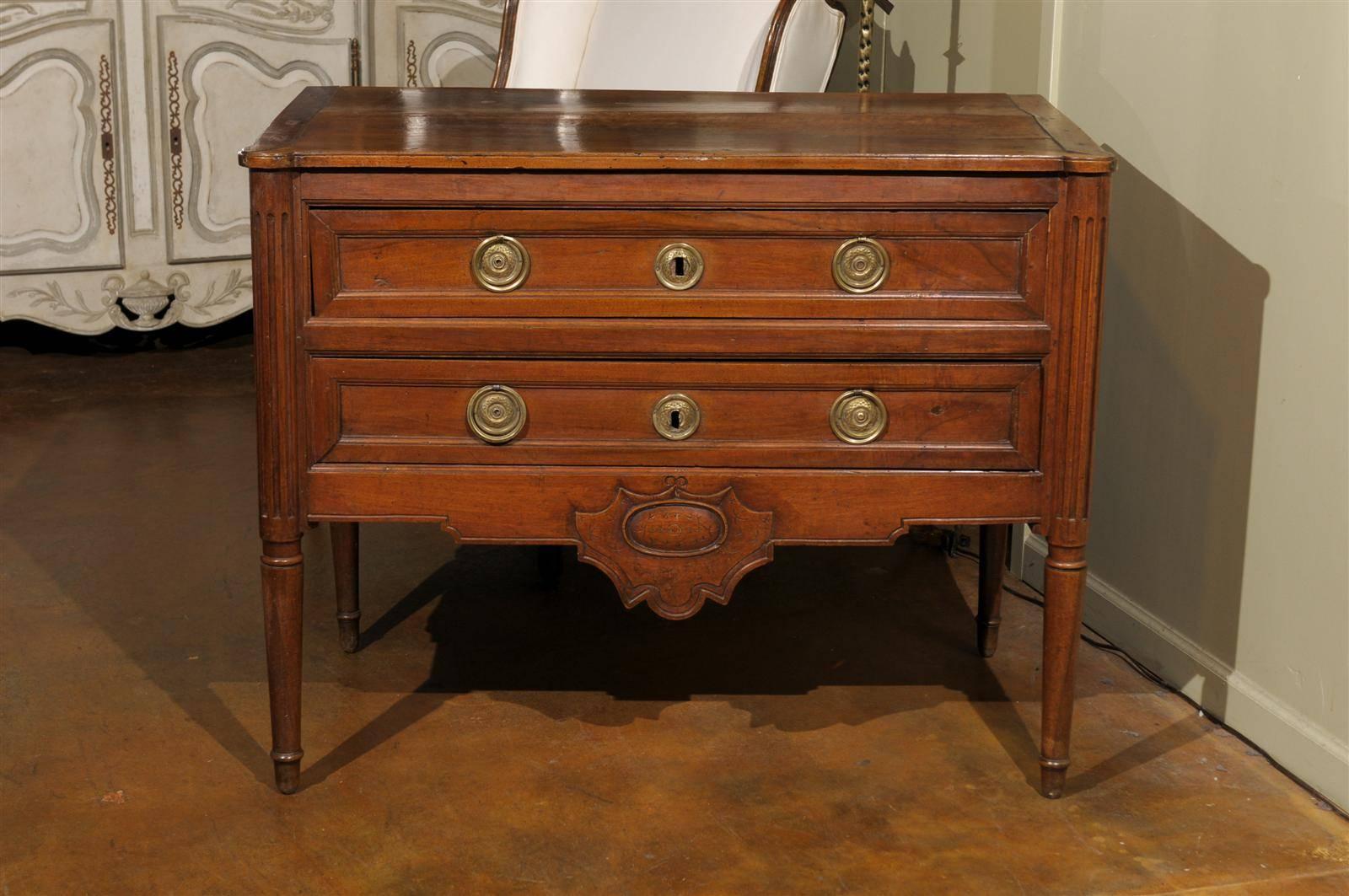 French Louis XVI Style Walnut Two-Drawer Commode With Cartouche Motif For Sale 2