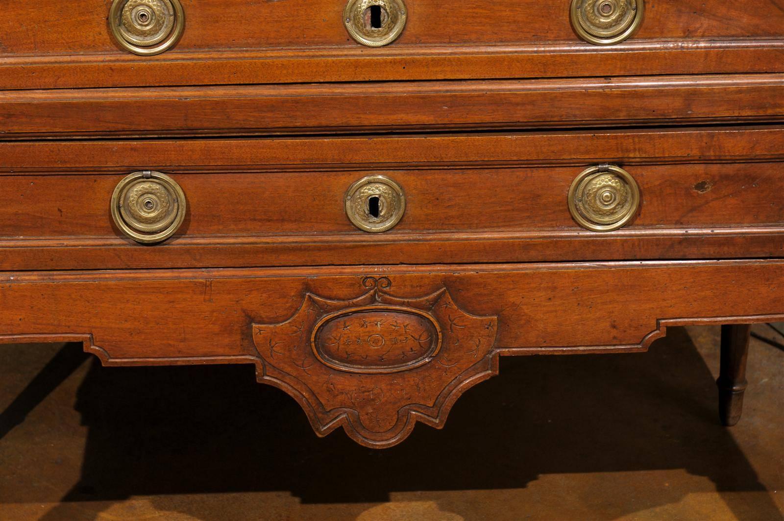 French Louis XVI Style Walnut Two-Drawer Commode With Cartouche Motif For Sale 3