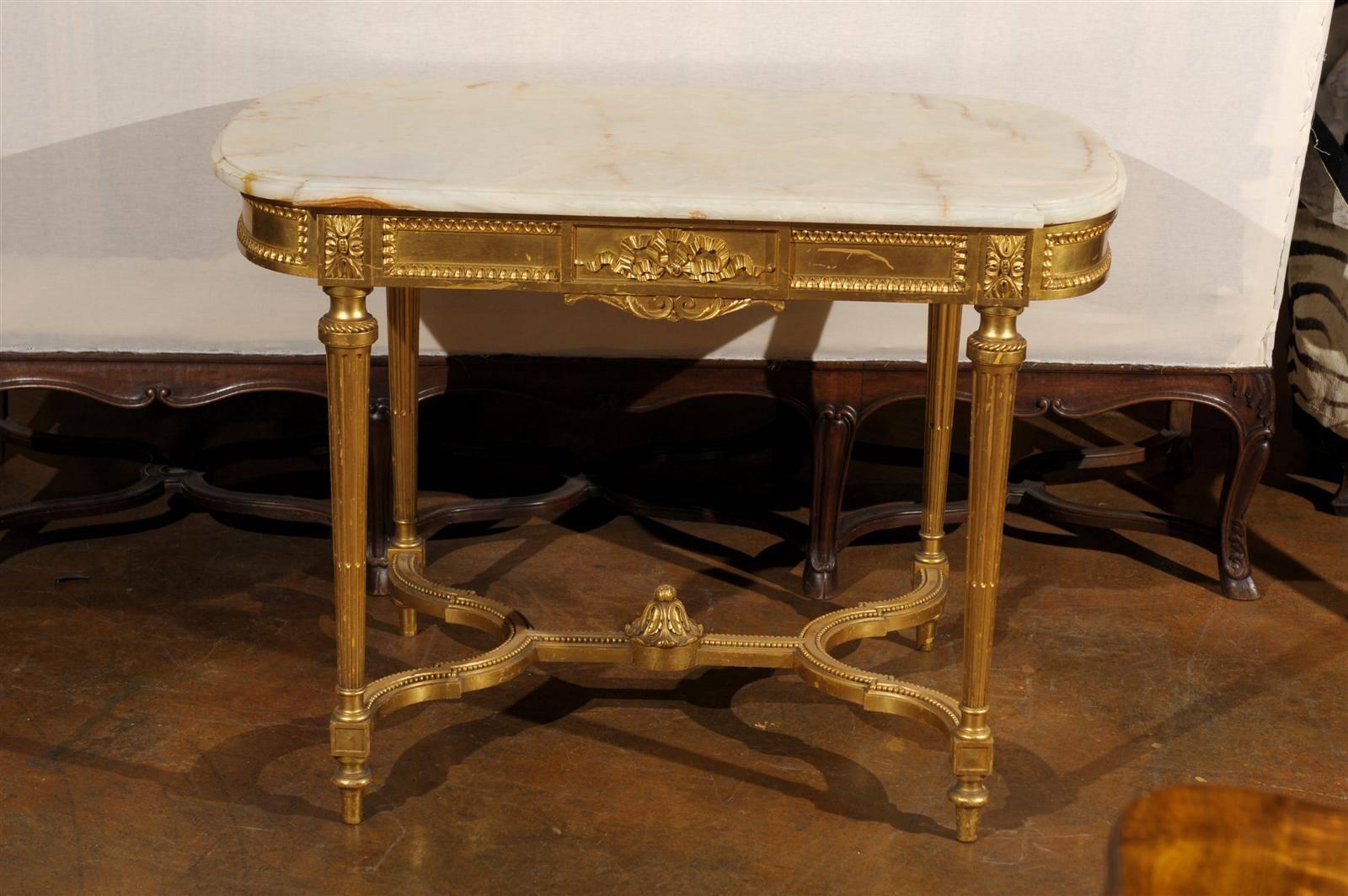 French 19th Century Louis XVI Style Onyx Top and Giltwood Center Table 2