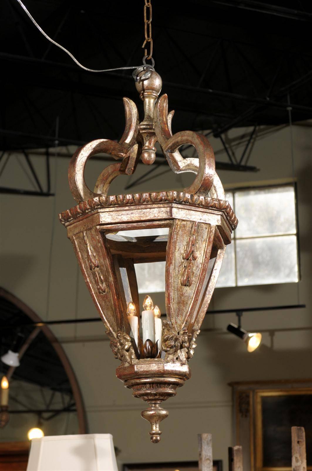 Wood Pair of Silver Gilt Baroque Style Italian Hanging Lanterns from the 19th Century