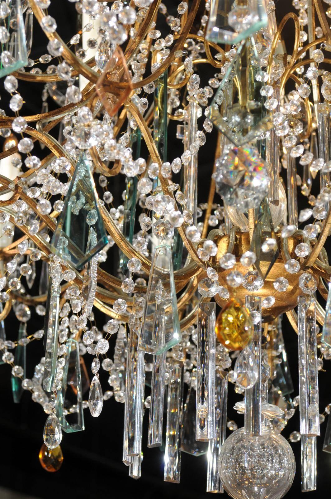 20th Century Continental Italian 24-Light Gilt and Crystal Chandelier with Colored Prisms 