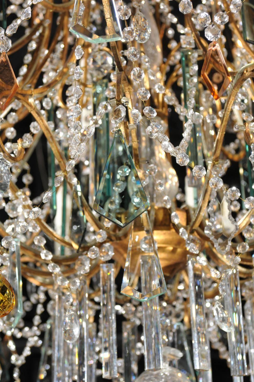 Continental Italian 24-Light Gilt and Crystal Chandelier with Colored Prisms  3